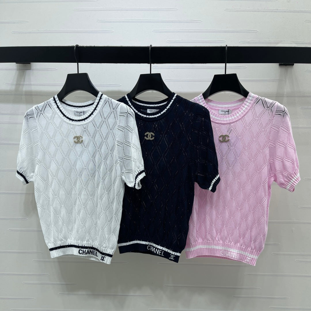 Chanel 2026 Diamond Pattern Knit Short-Sleeve T-Shirt Tencel 397443