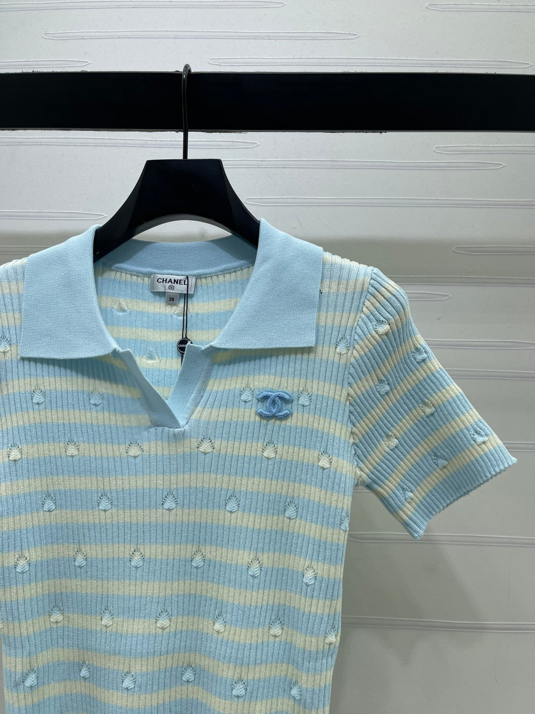 Chanel 2026 Striped Collared Knit Short-Sleeve T-Shirt Cotton 677728