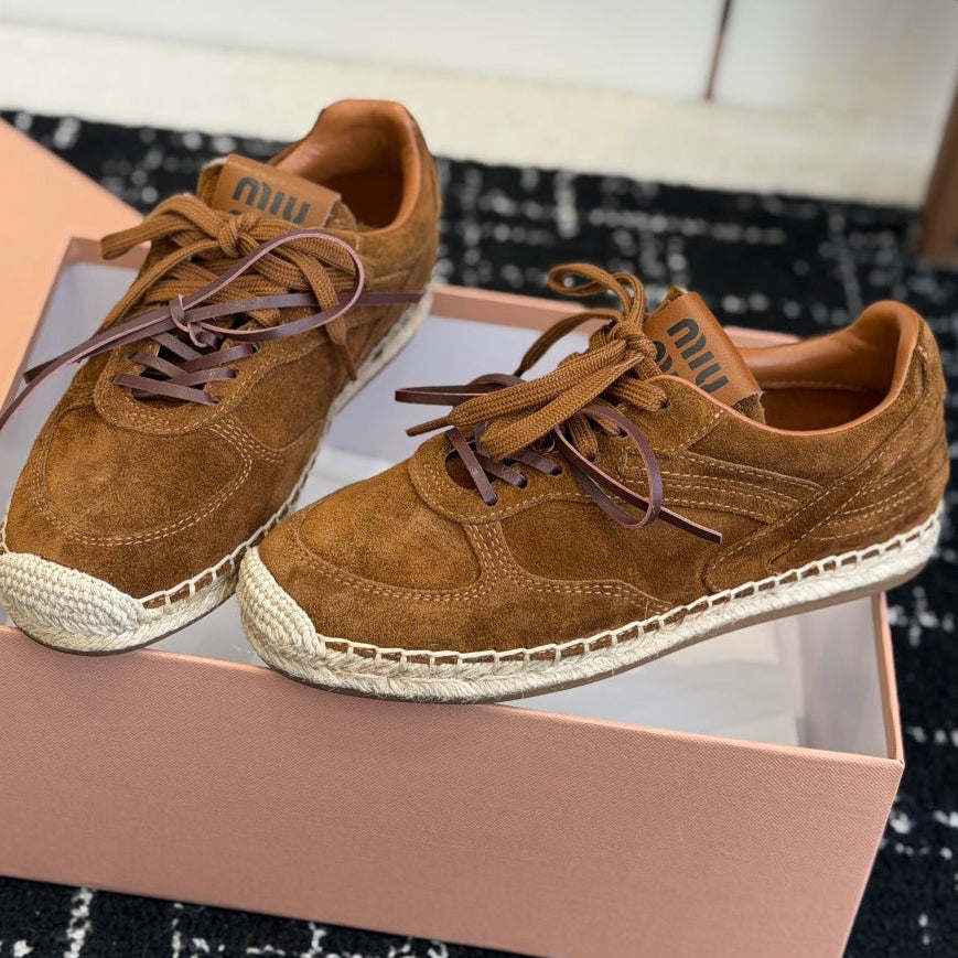 Miu Miu 2026 Espadrille Sneaker Camel Suede Woven 621337