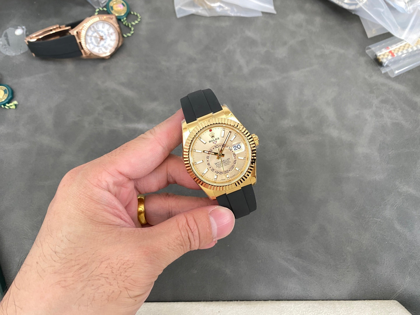 Rolex Sky-Dweller 42mm Gold Case Gold Dial Rubber Strap