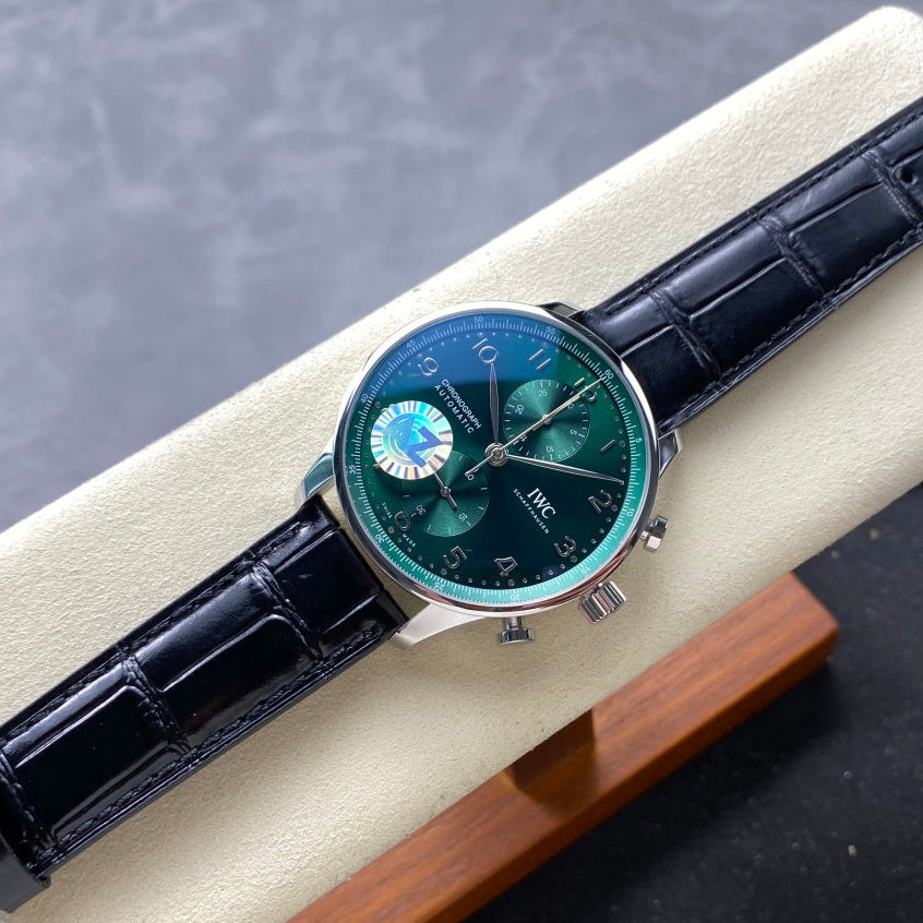 IWC Portuguese 41mm Green Dial Steel Case Black Leather