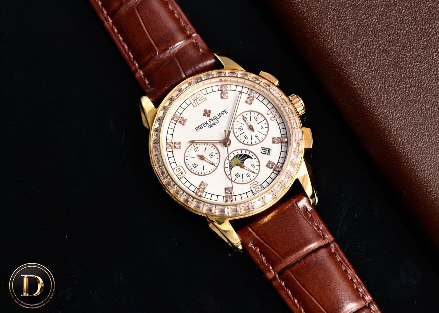 Patek Philippe Annual Calendar 42mm Diamond Benzel Rose Gold Case Brown Leather Strap