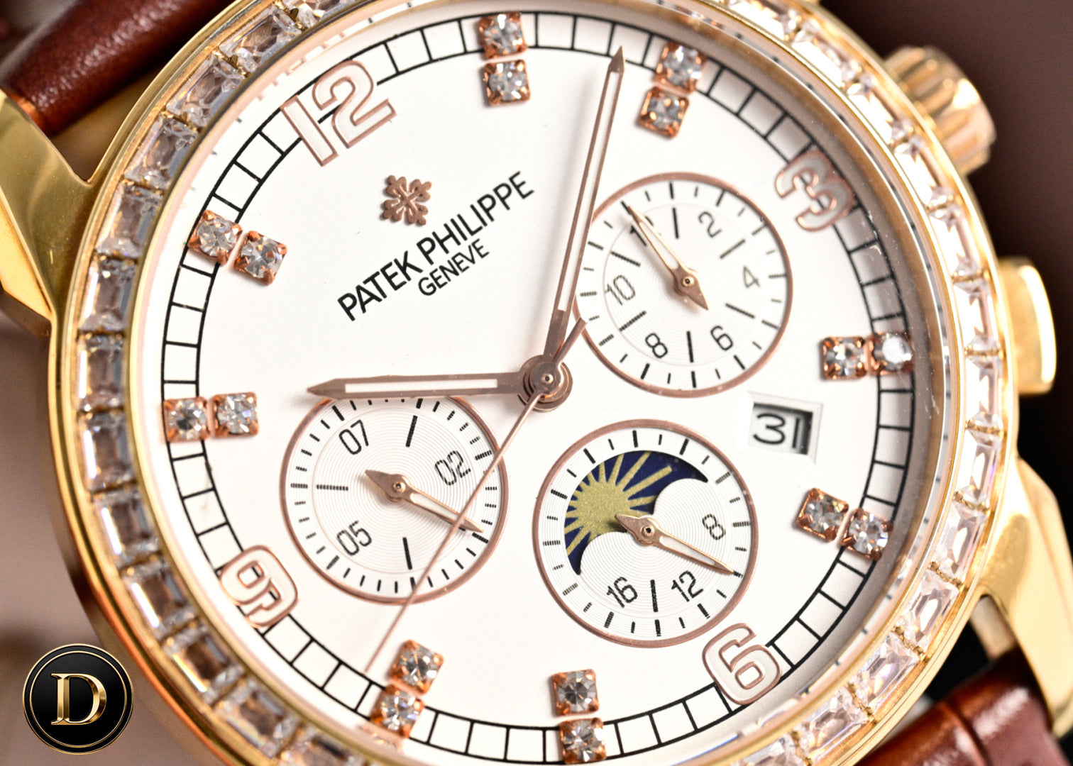 Patek Philippe Annual Calendar 42mm Diamond Benzel Rose Gold Case Brown Leather Strap