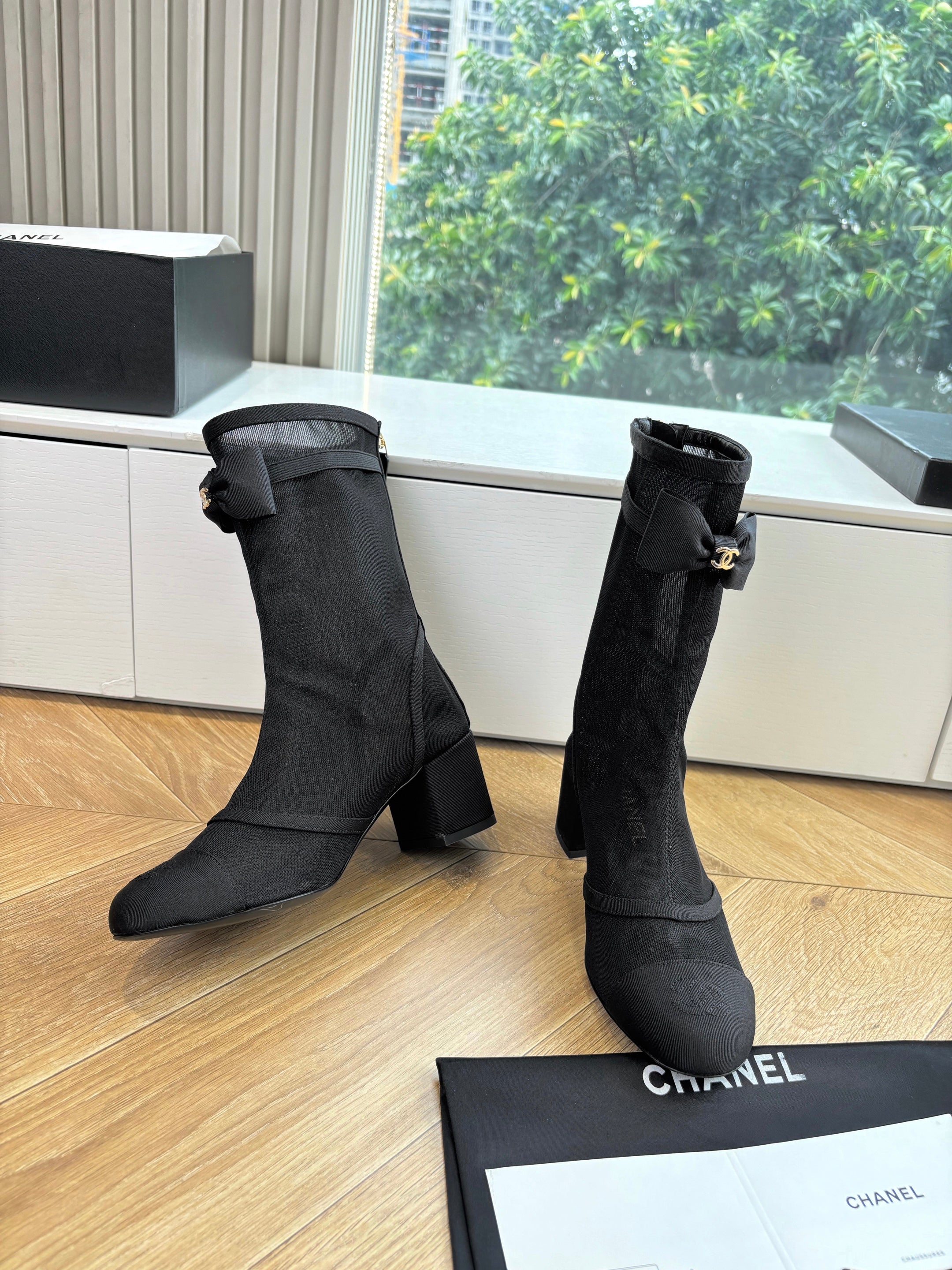 CC 25 Short Boot Black Mesh Calfskin Black Bow 430322