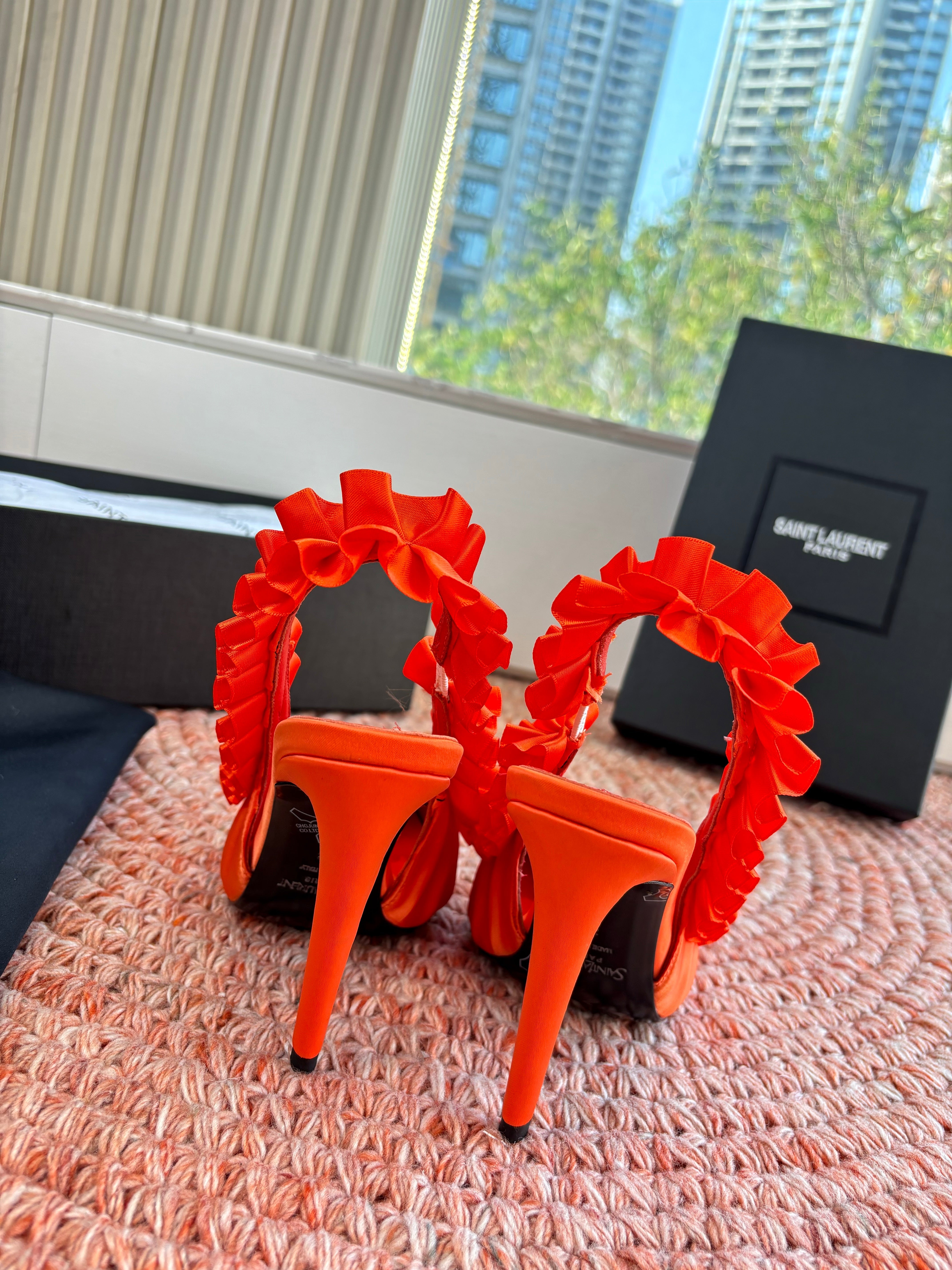 YSL 26ss Slingback Orange Silk Leather 648837
