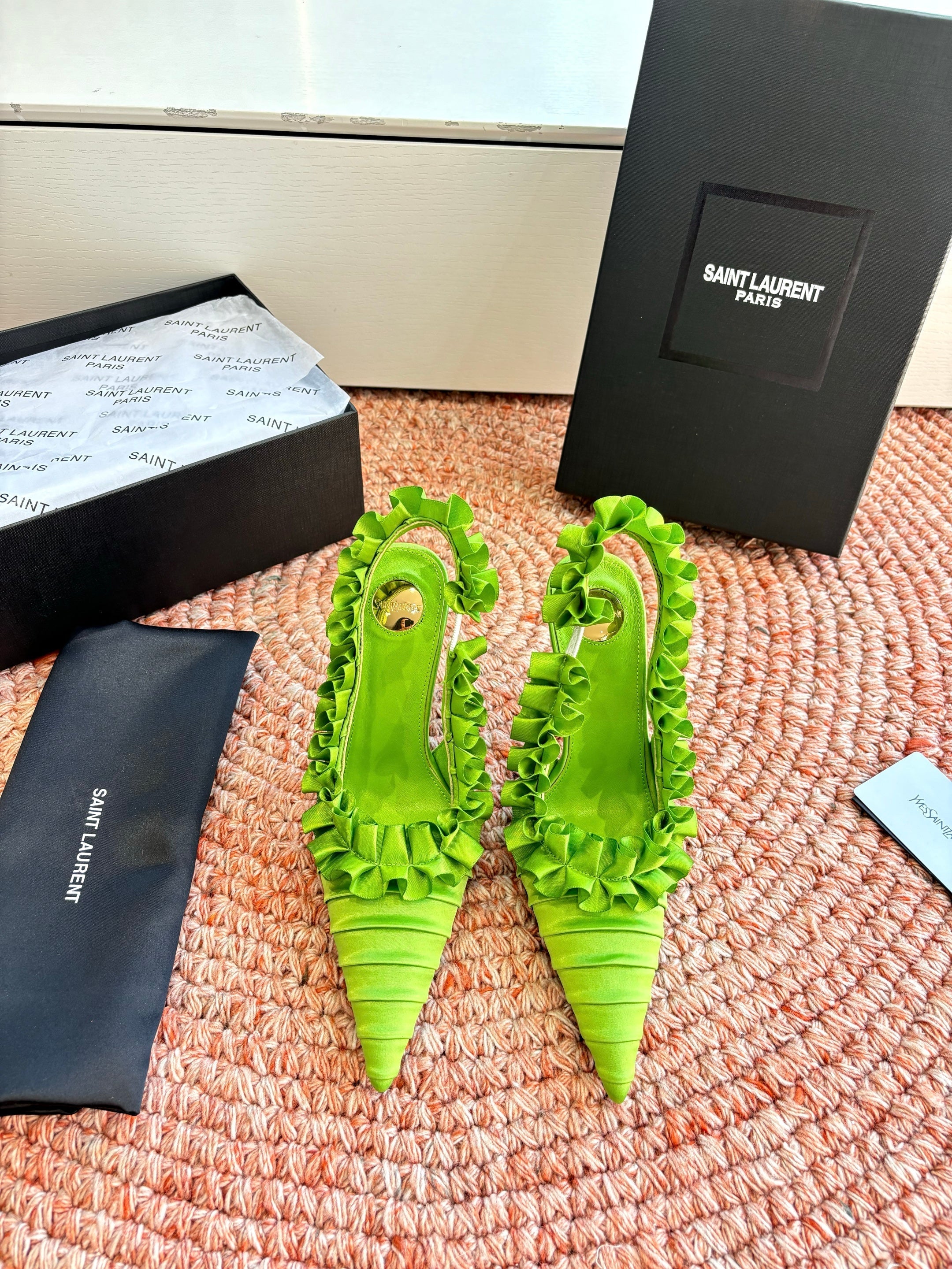 YSL 26ss Slingback Green Silk Leather 648838