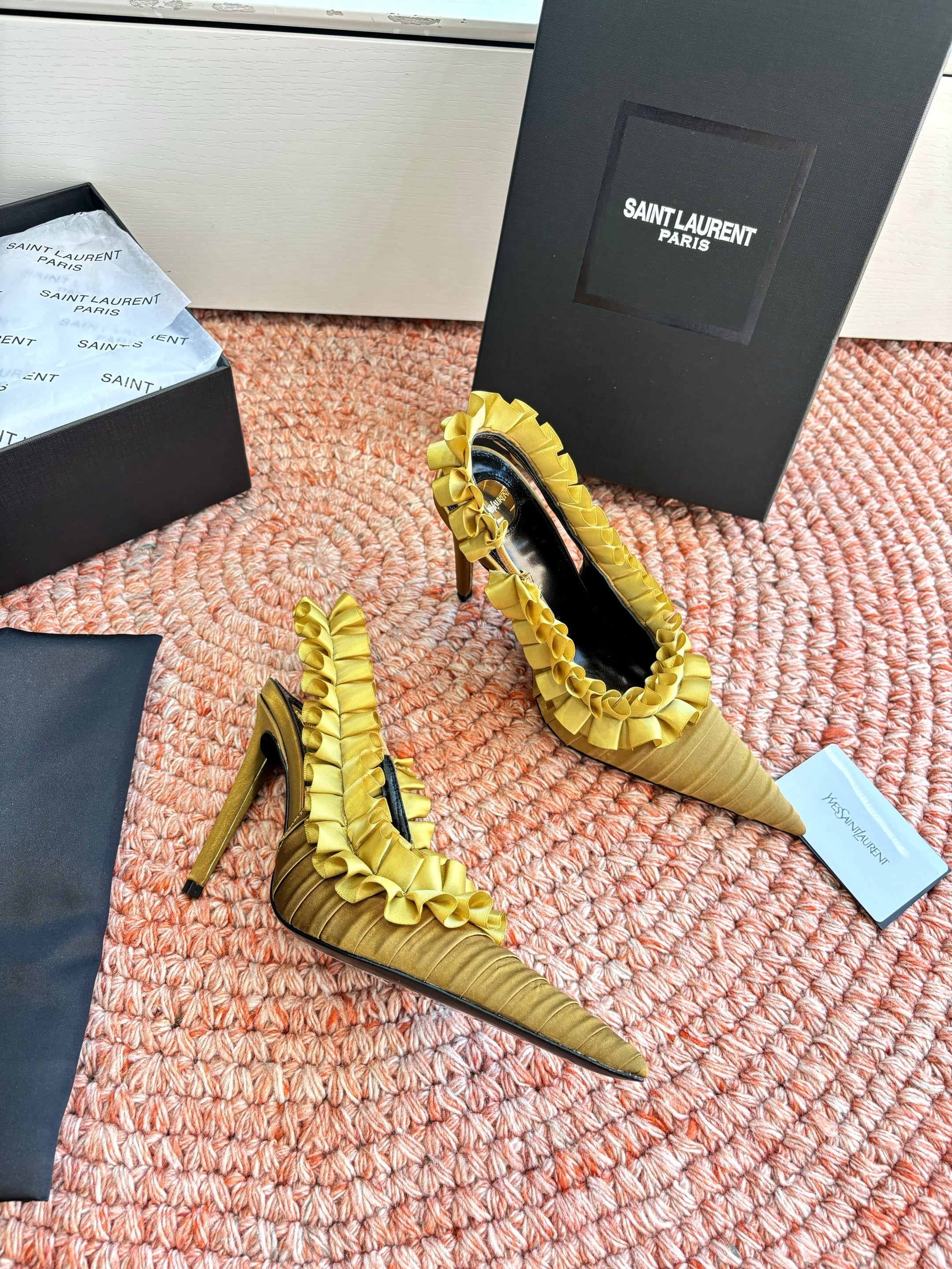 YSL 26ss Slingback Shiny Gold  Silk Leather 648839