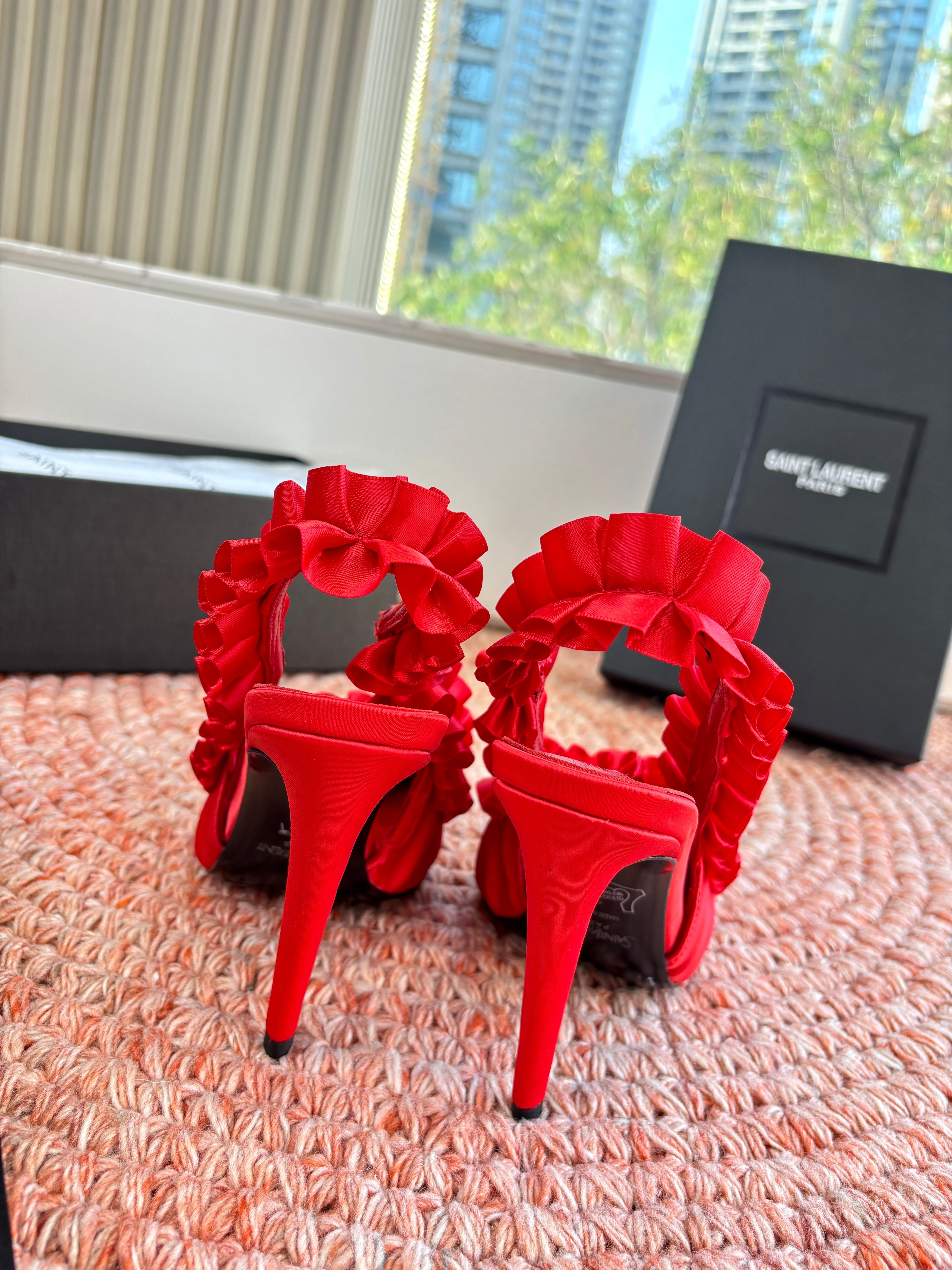 YSL 26ss Slingback Red Silk Leather 648840