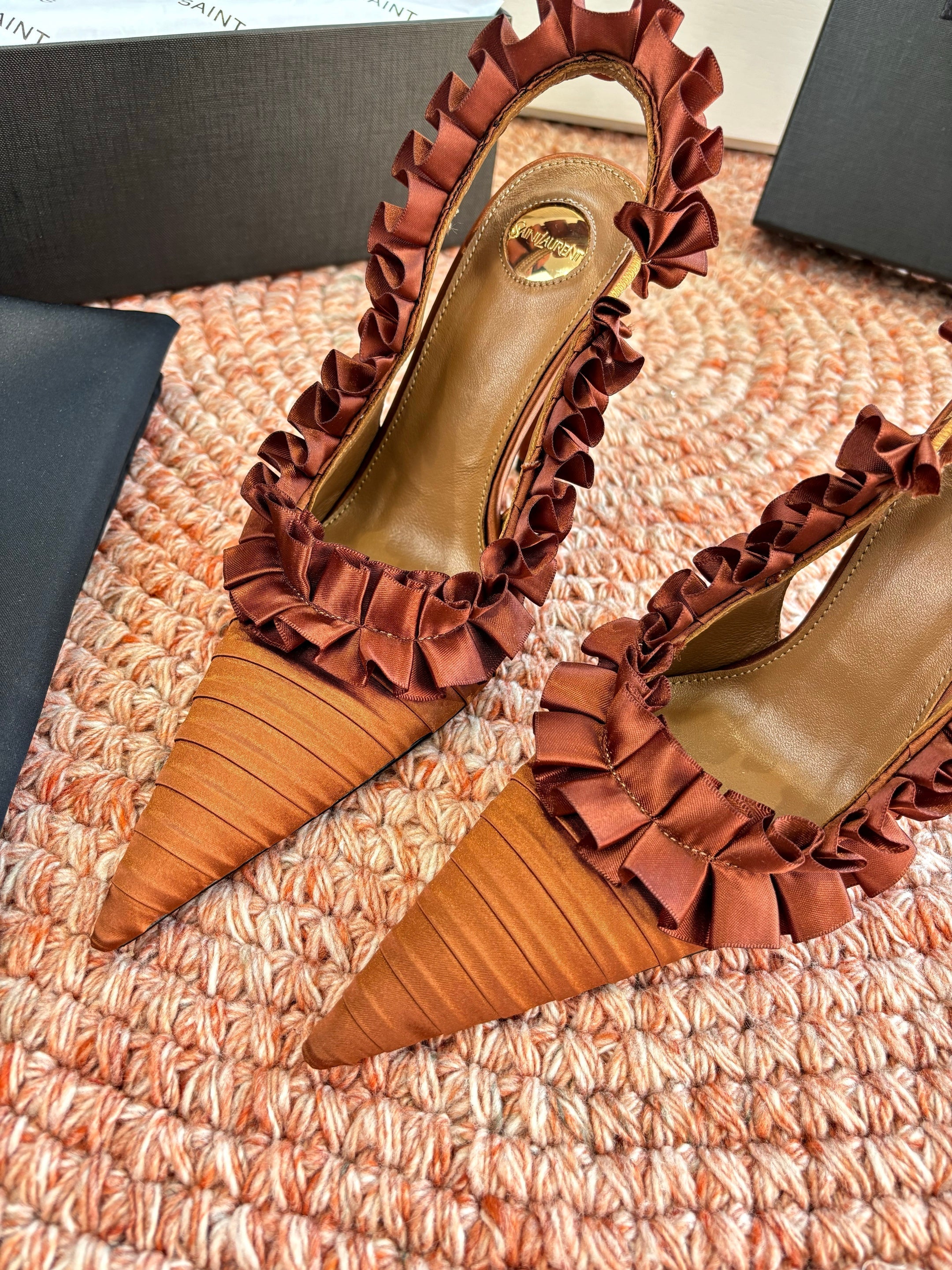 YSL 26ss Slingback Camel Brown Silk Leather  648841