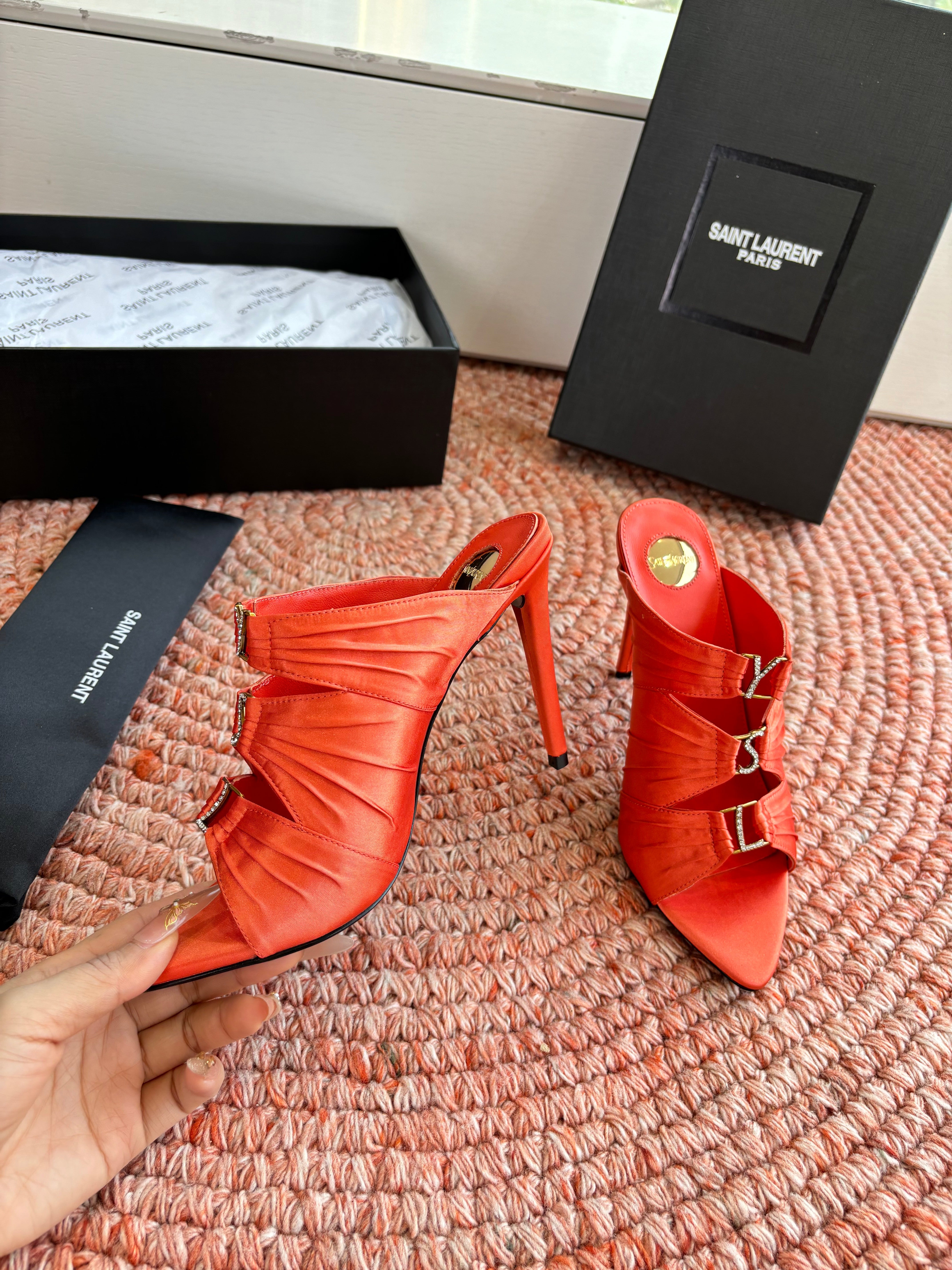YSL 26ss Pointed High Heels Sandals 110 Orange Silk Leather 648789
