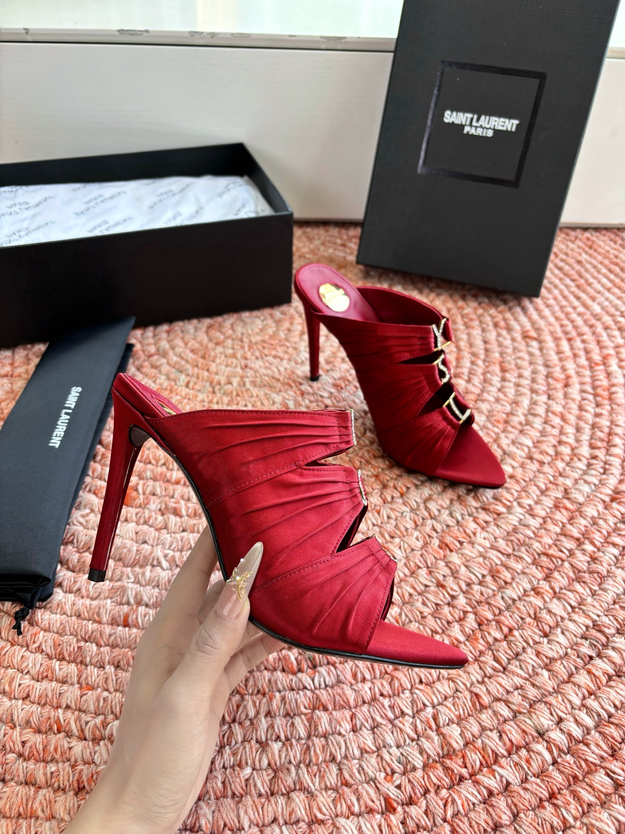 YSL 26ss Pointed High Heels Sandals 110 Dark Red Silk Leather 648787