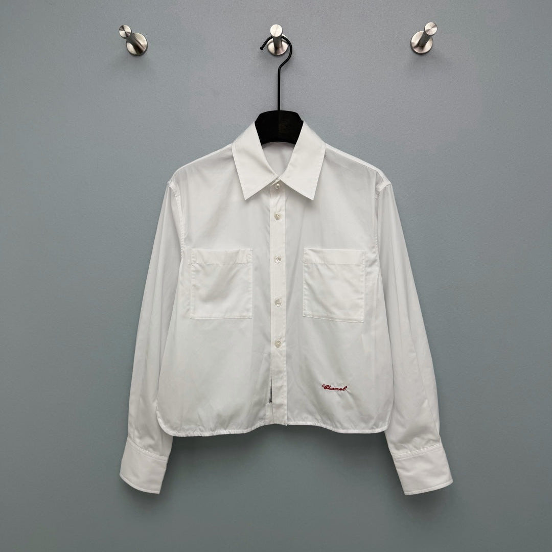 Chanel 2026 Pearl Button Chain Trim Short Shirt White Cotton 213056
