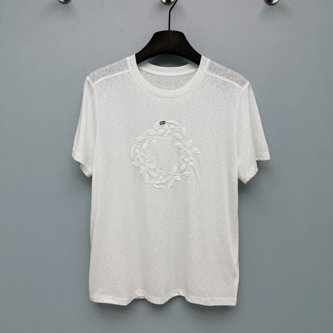 Dior 2026 Floral Embroidery Short-Sleeve T-Shirt White Cotton 392386
