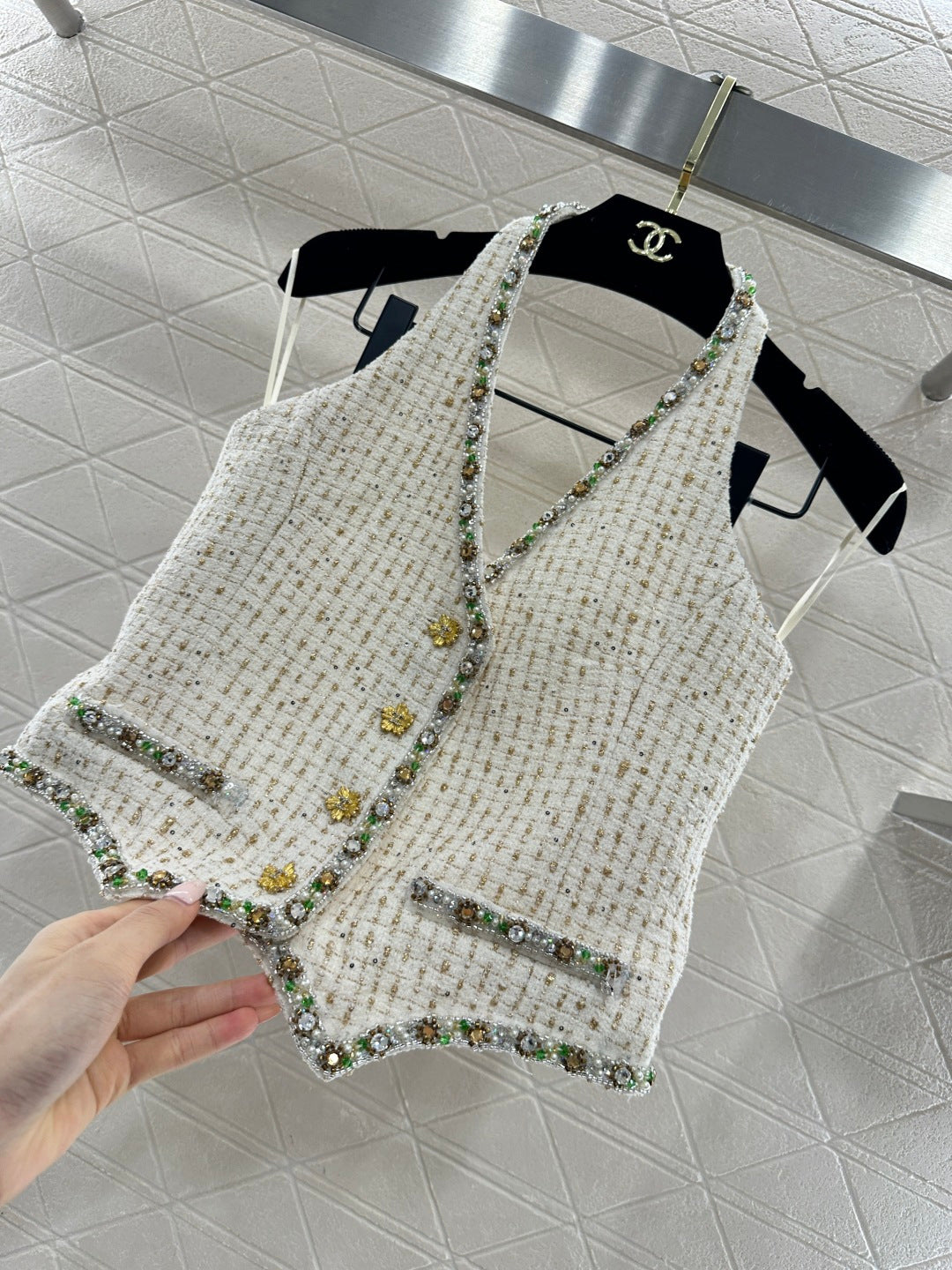 CC 26 Rhinestone-trimmed Halter Neck Vest Cream Cotton Wool 331227