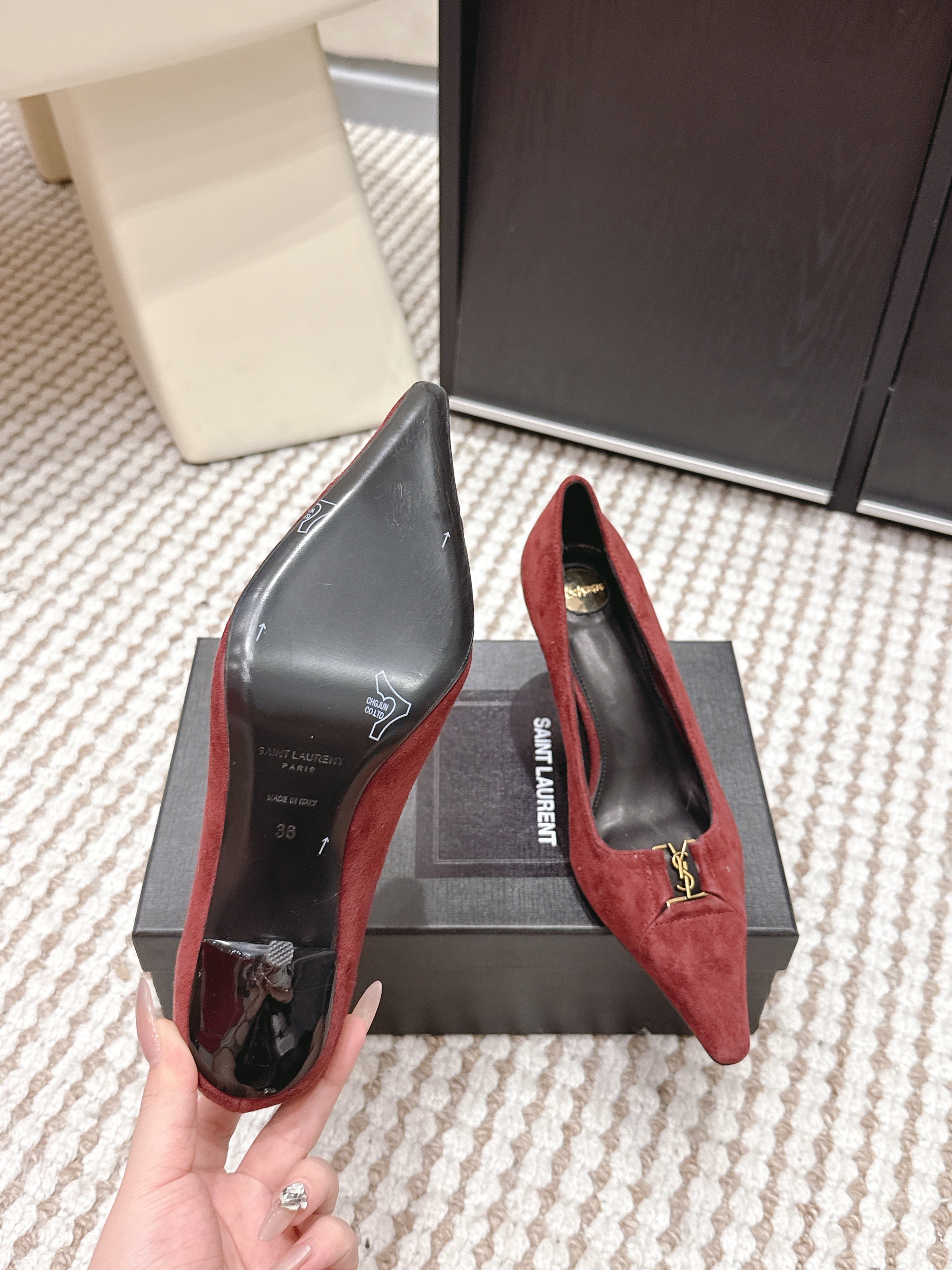YSL 26ss High Heel Pumps 75 Burgundy Suede 654699