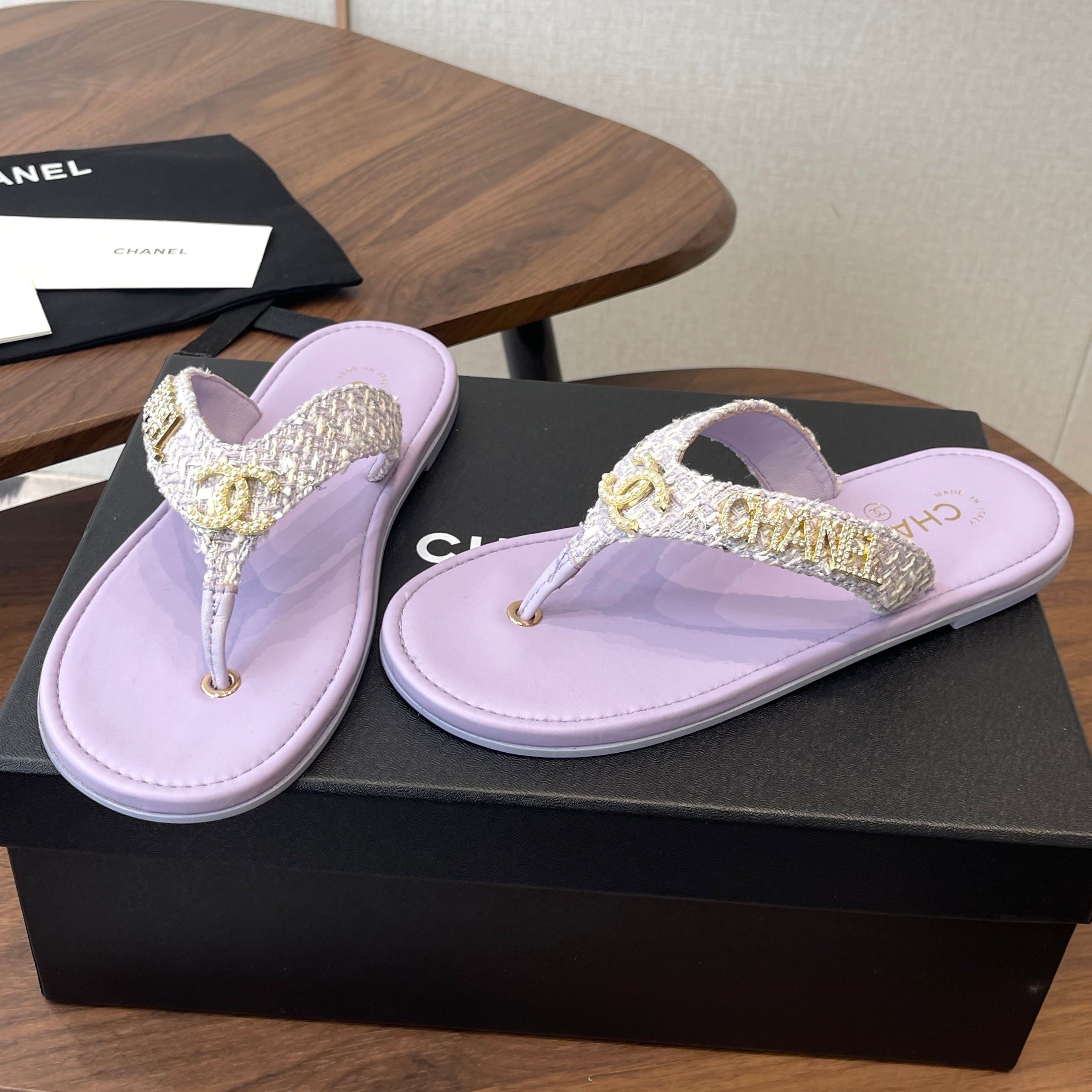 Chanel 2026 Thong Sandal Tweed Gold Logo Details 790366