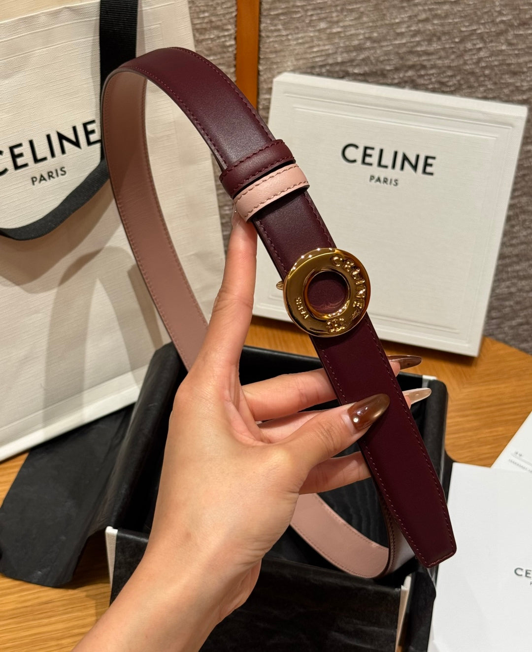 Celine 2026 Disc Buckle & Reversible Strap Belt 2.5cm Burgundy Leather