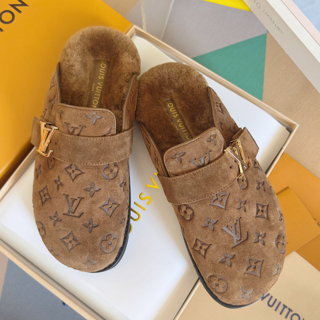 LV 25 Birkenstock Platform Slippers Brown Suede Wool 576215