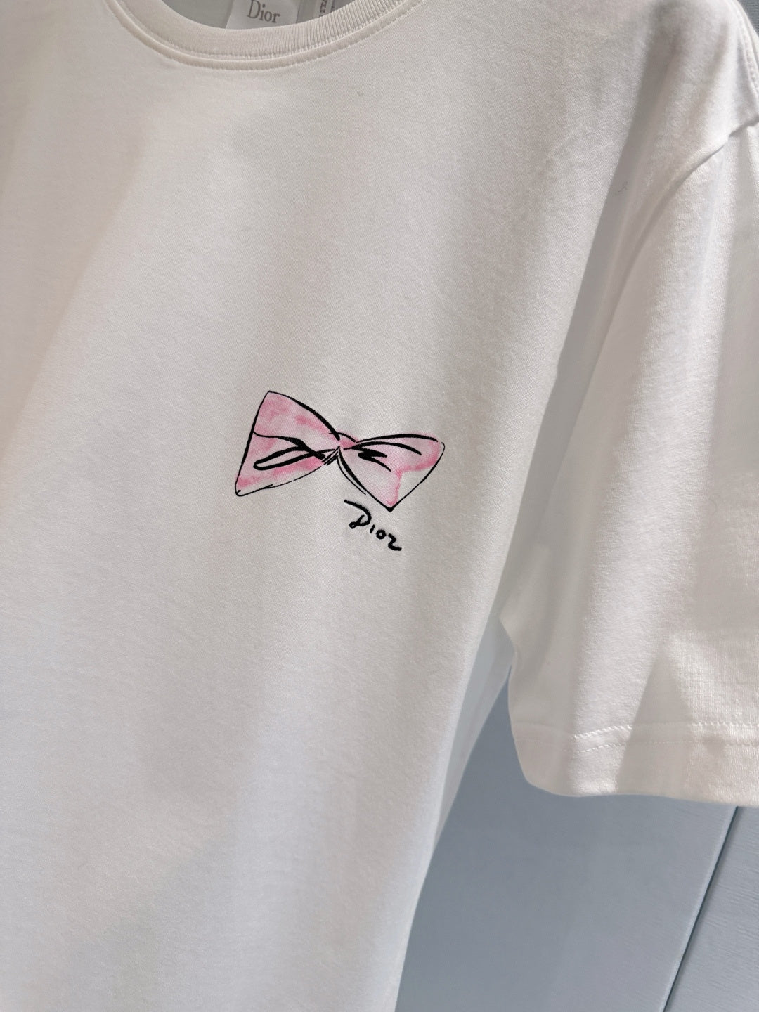 Dior 2026 Pink Bow T-shirt White Cotton 724425