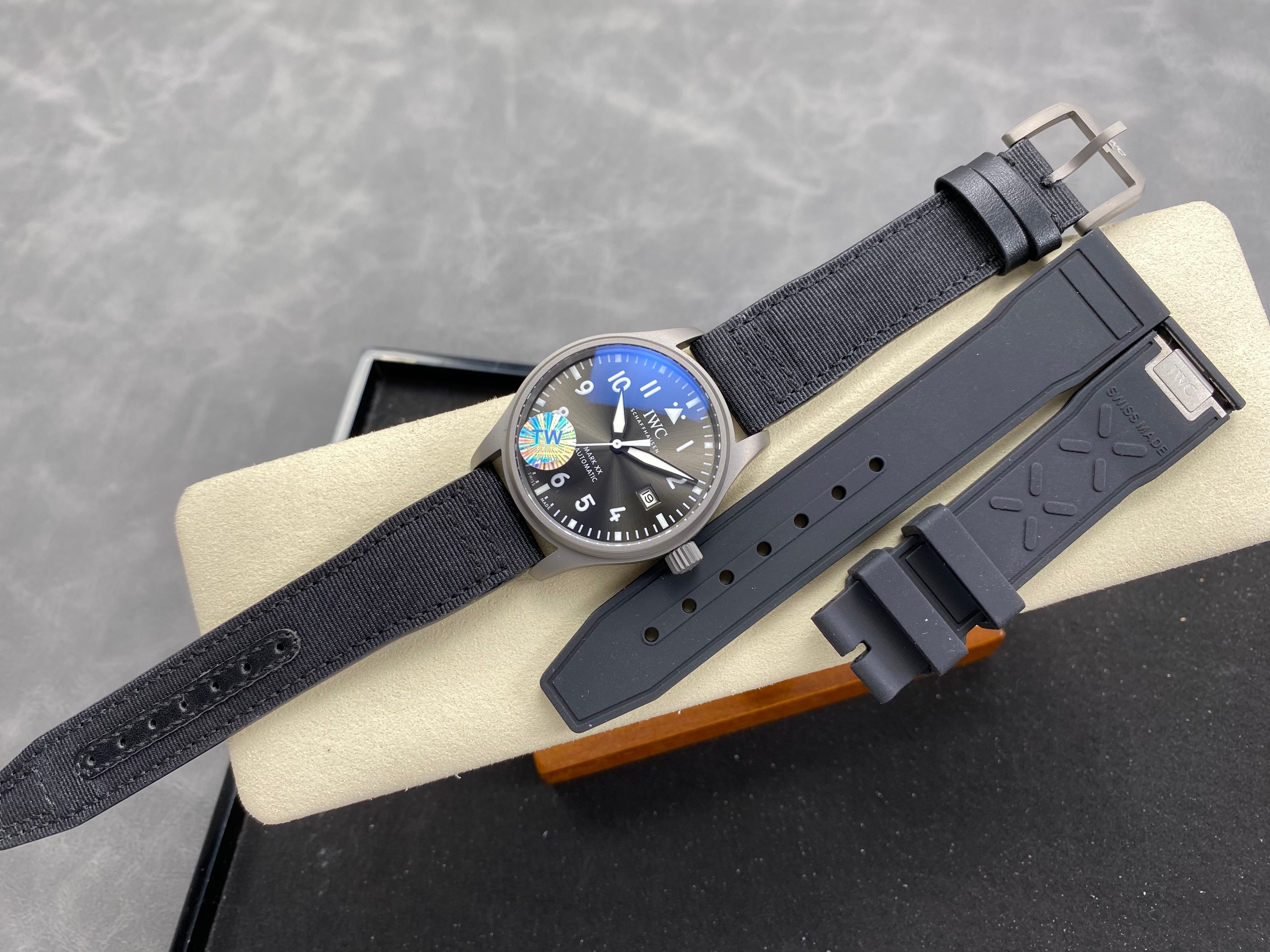 IWC Pilot 40mm Black Dial Gray Case Woven Fabric Strap
