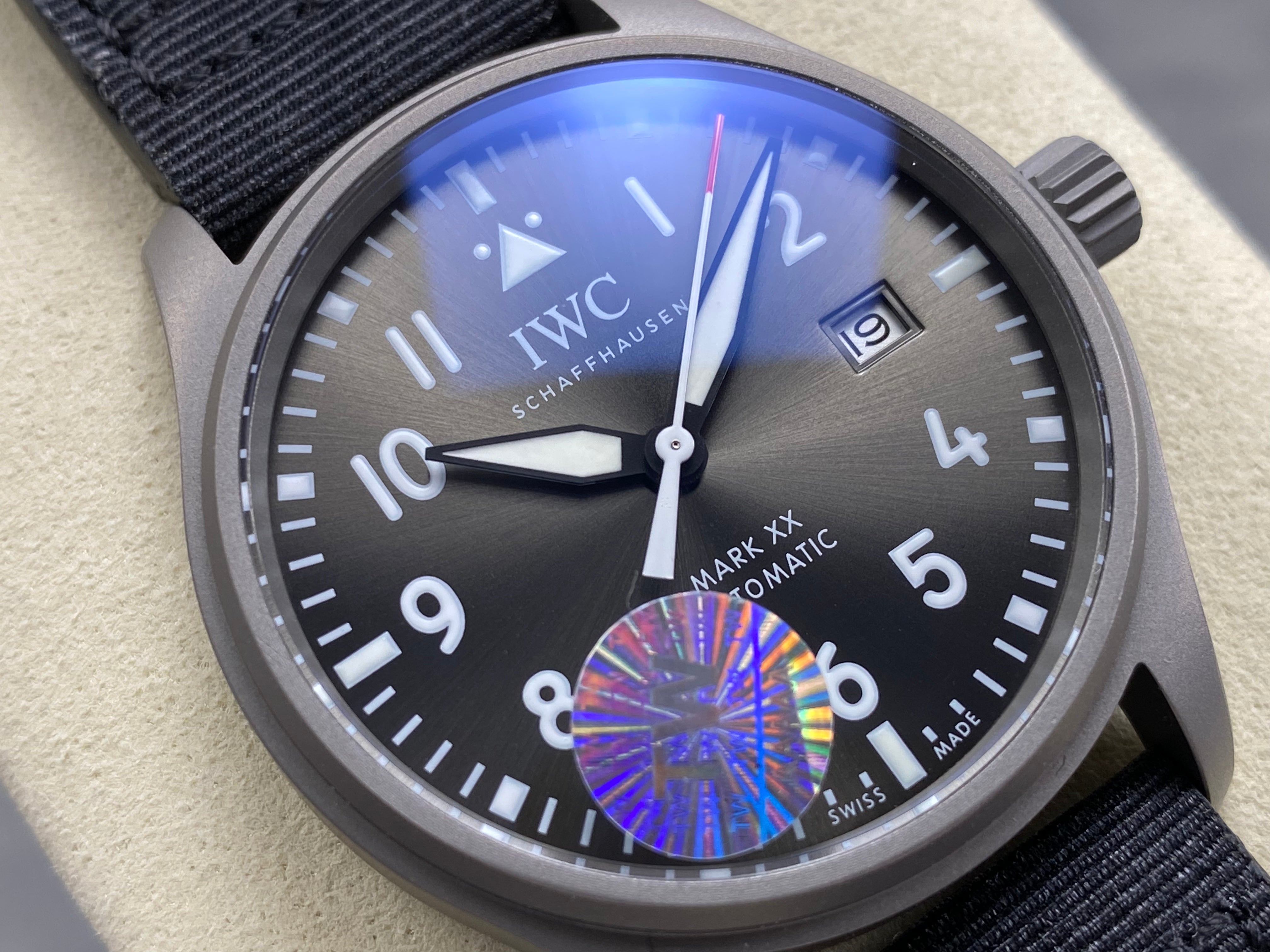 IWC Pilot 40mm Black Dial Gray Case Woven Fabric Strap