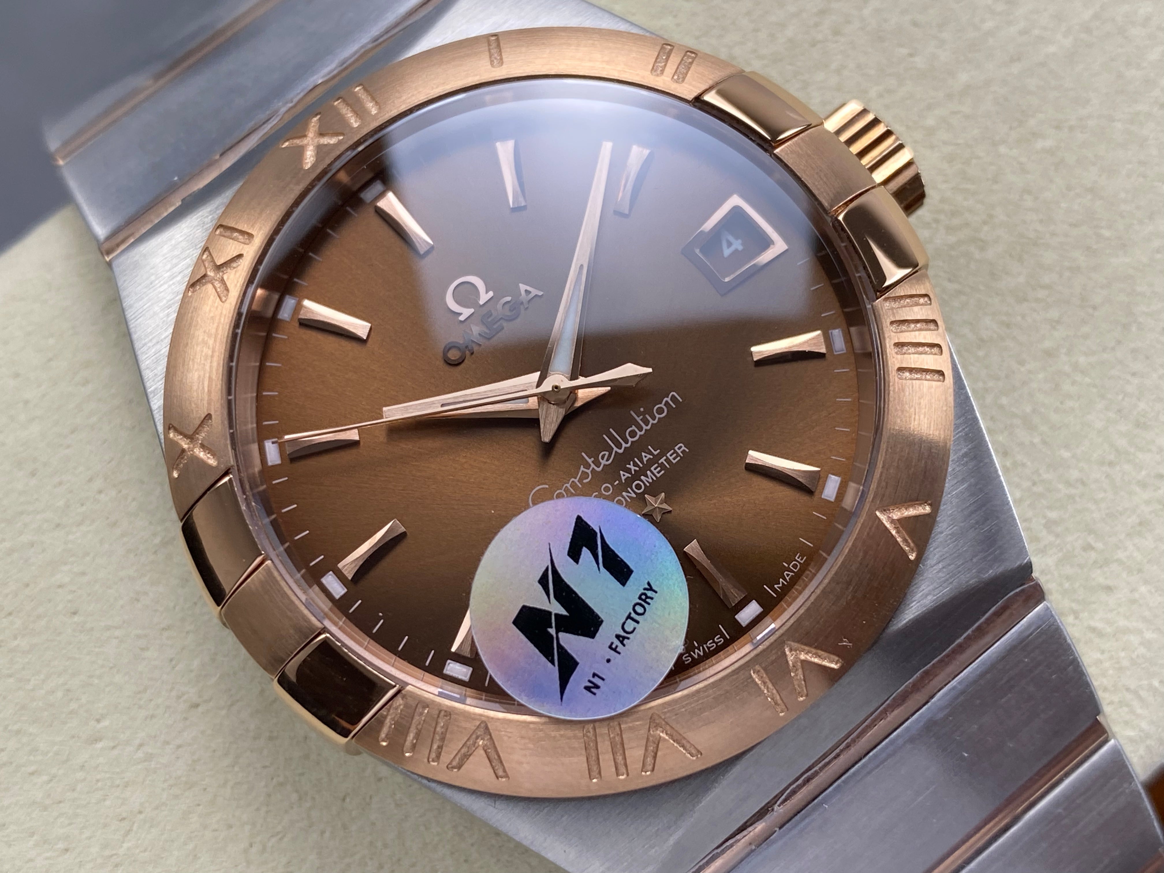 Omega Constellation Co-Axial Chronometer 38mm Pink Gold Steel Case Brown Dial