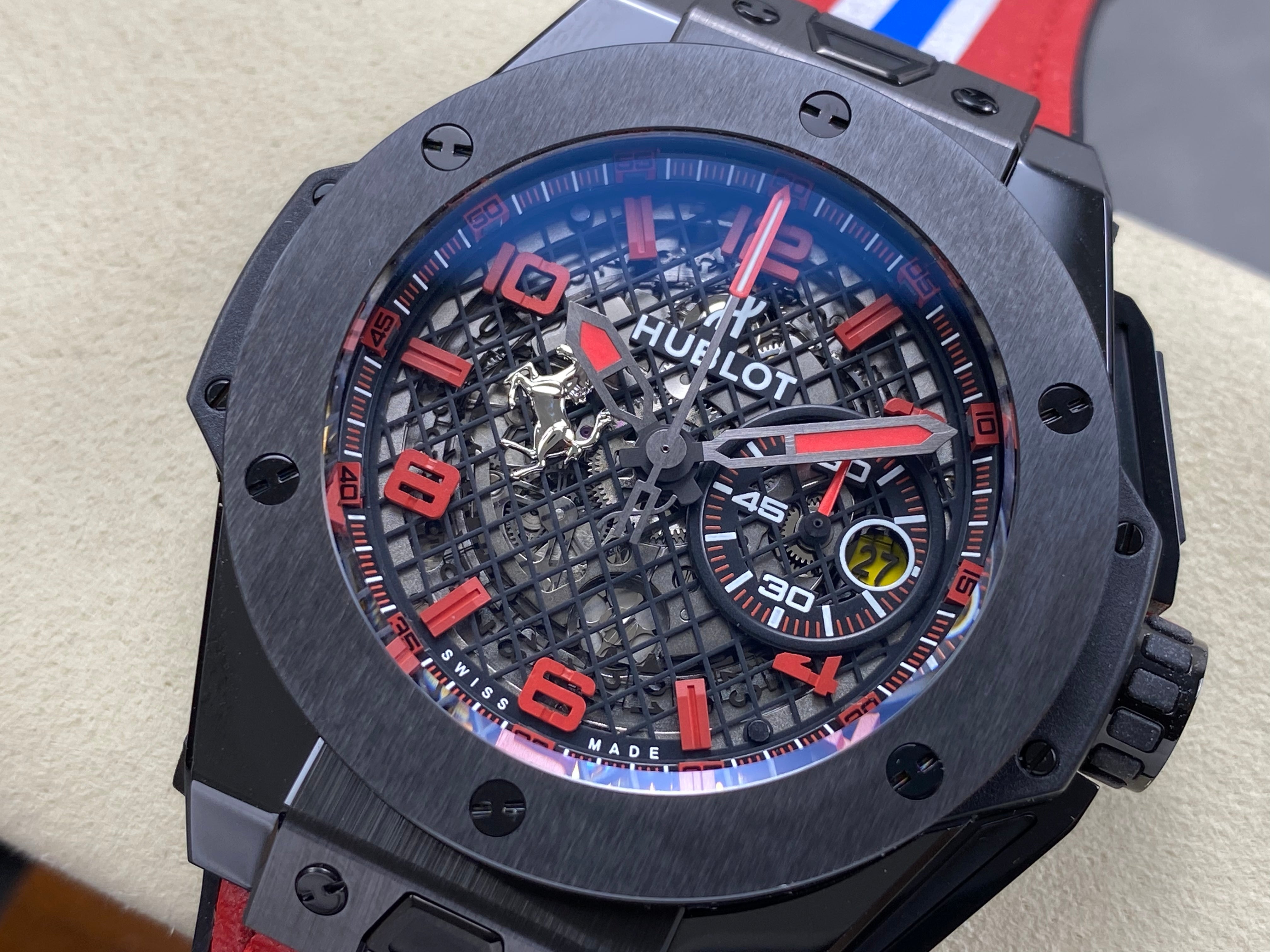 Hublot Big Bang Ferrari Ceramic Watch 45mm Red Blue Leather Strap