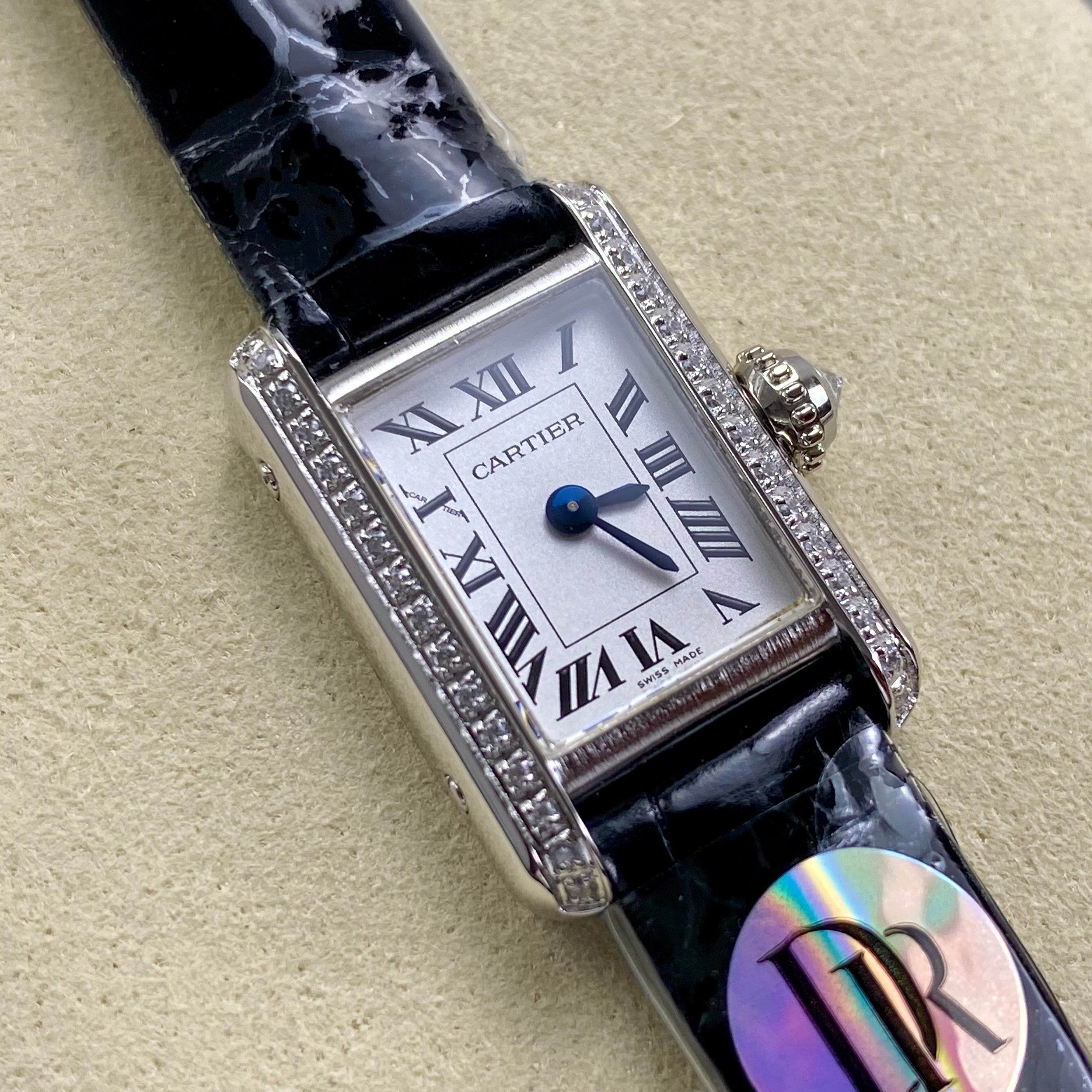 Cartier Tank 24mm White Dial Sliver Case Diamond Bezel Leather