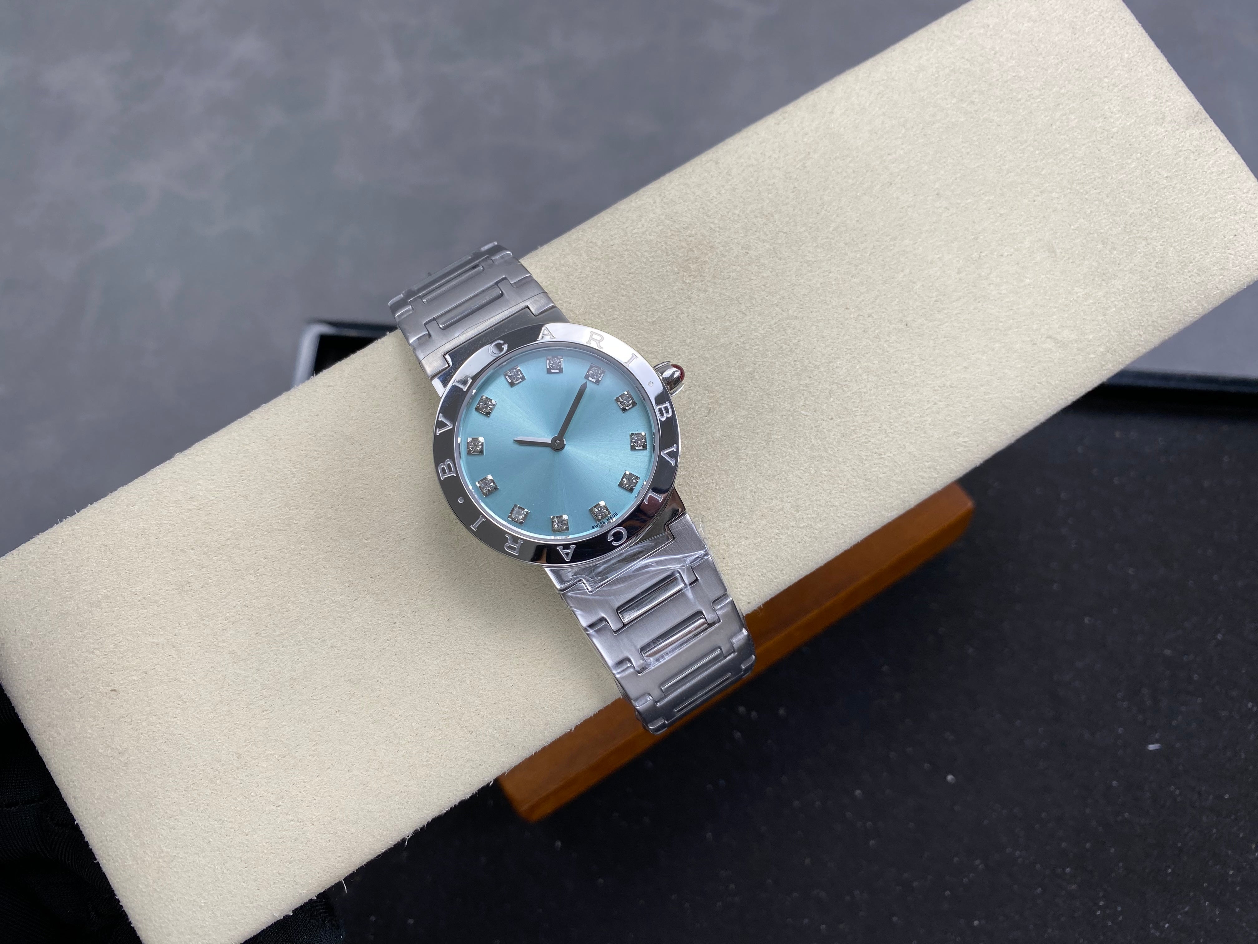 BVLGARI 33mm Blue Dial Diamond Numerals Steel