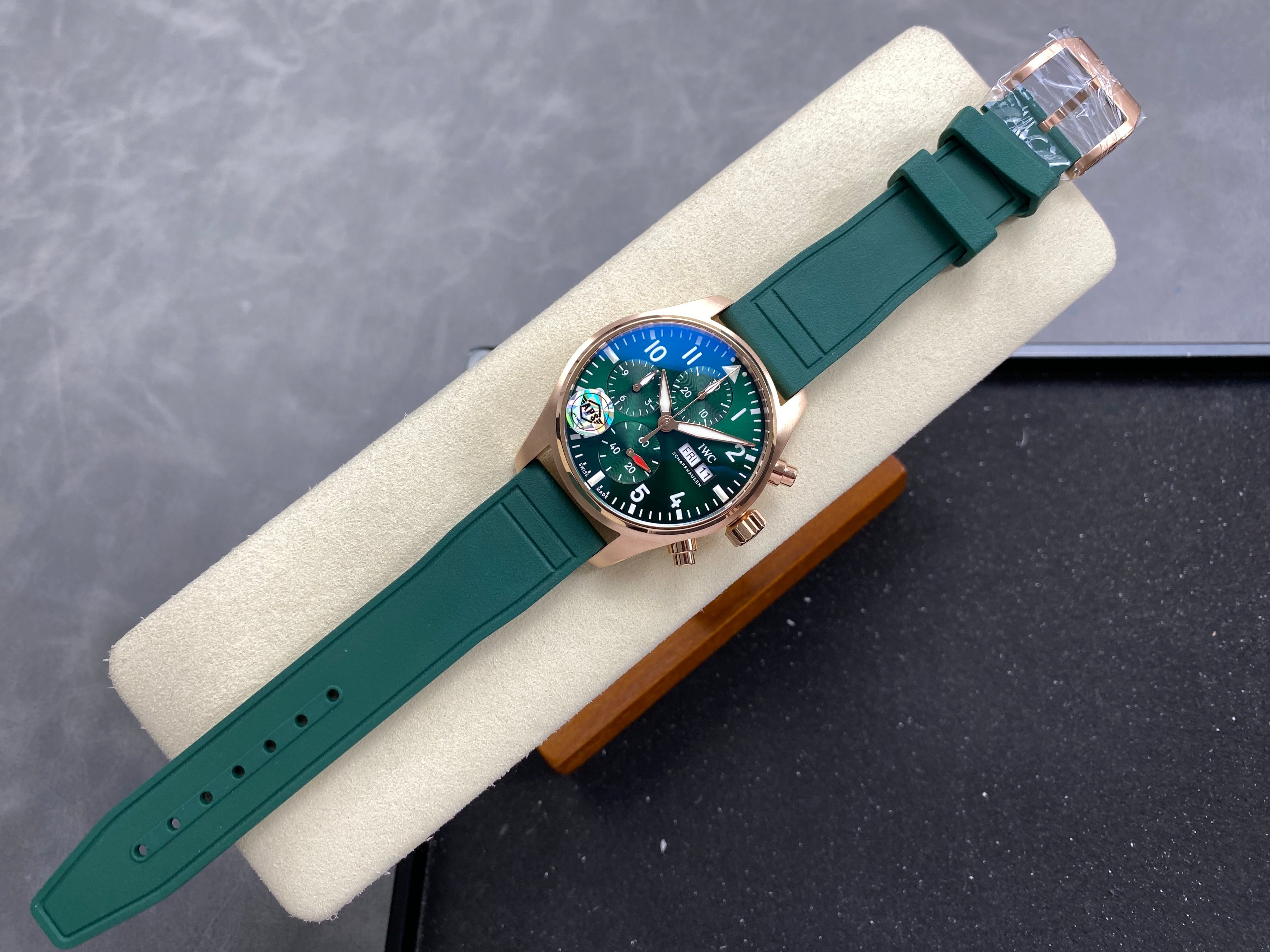 IWC Pilot's Chronograph 41 Pink Gold Case Green Dial Rubber  Strap