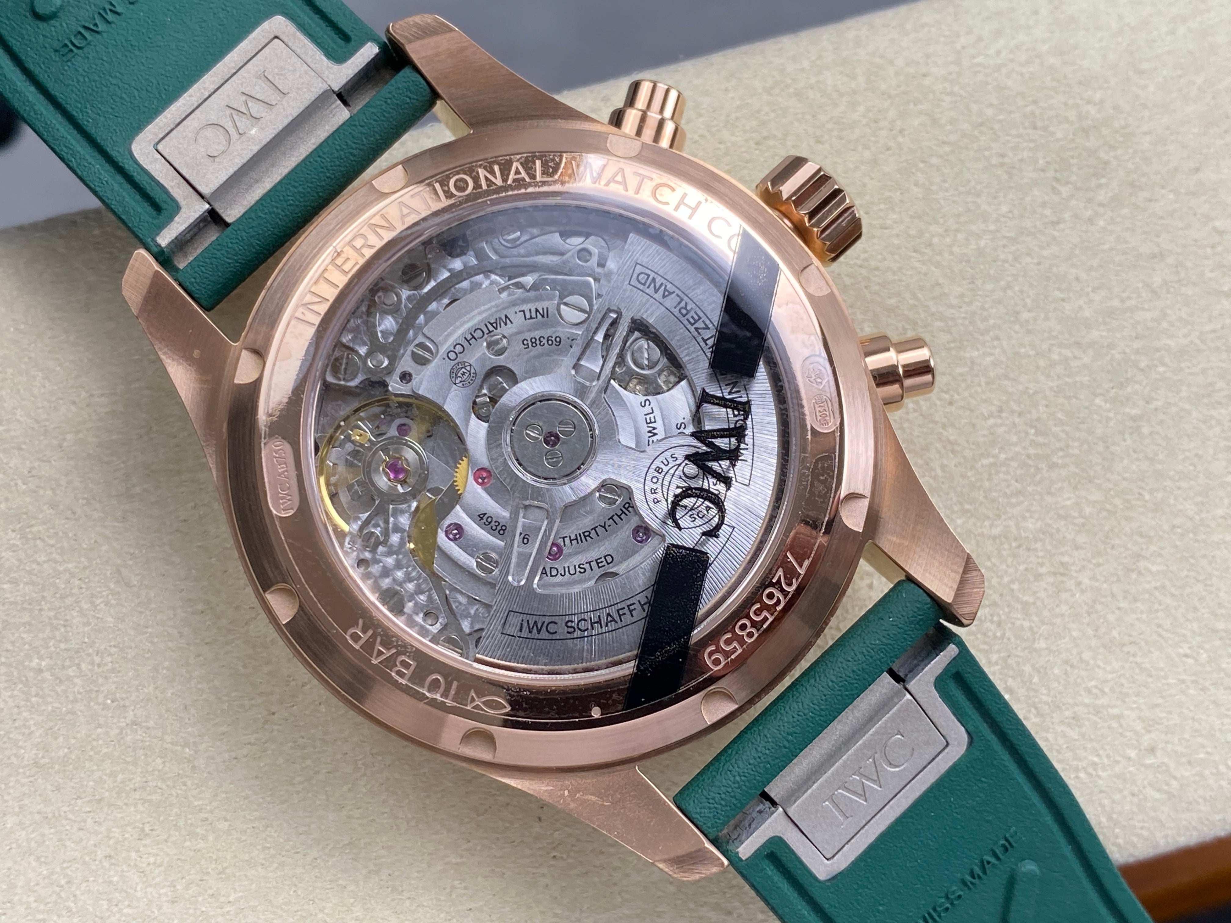 IWC Pilot's Chronograph 41 Pink Gold Case Green Dial Rubber  Strap