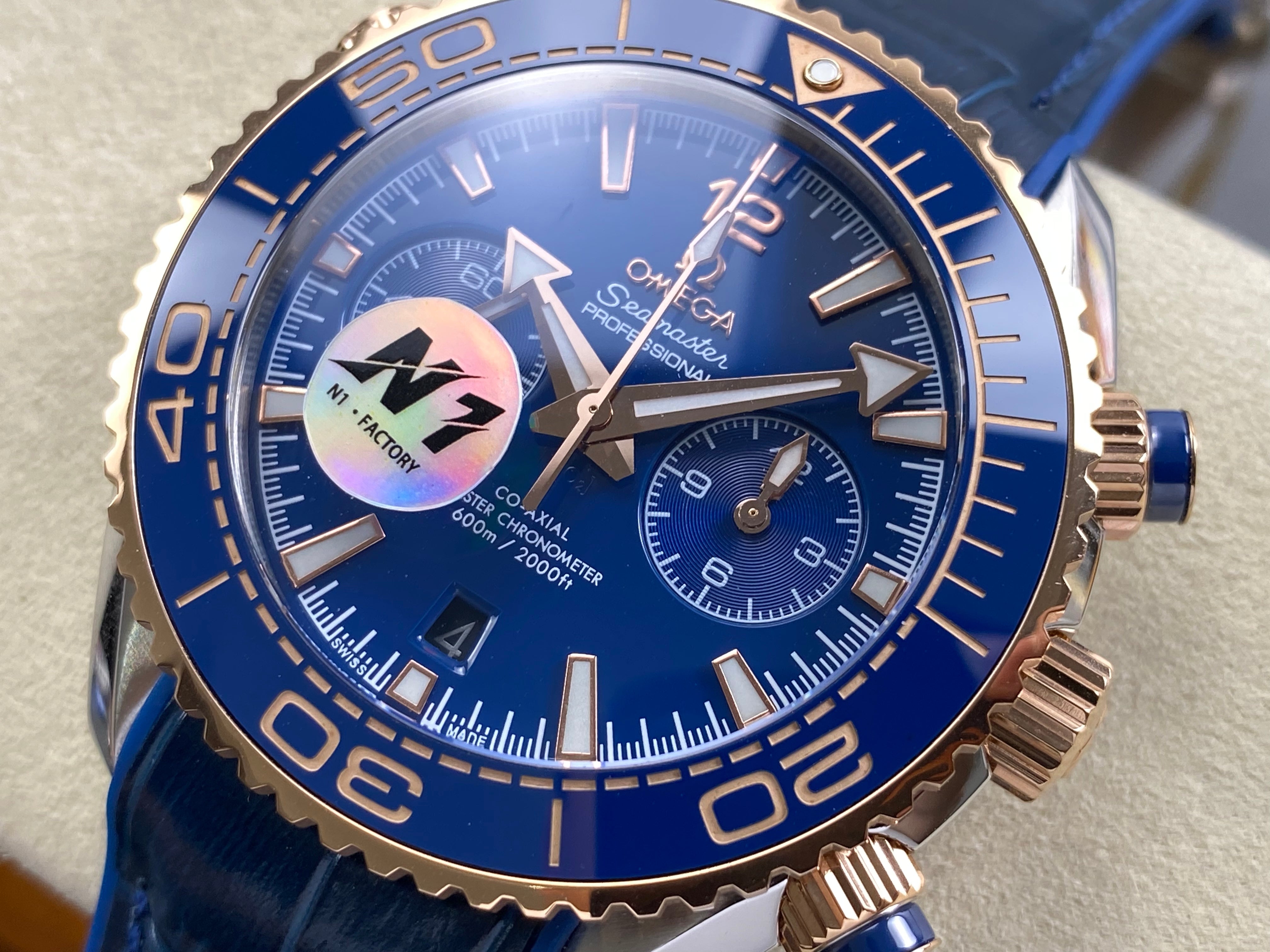 Omega Seamaster 46mm Blue Dial Pink Gold Case Blue Leather