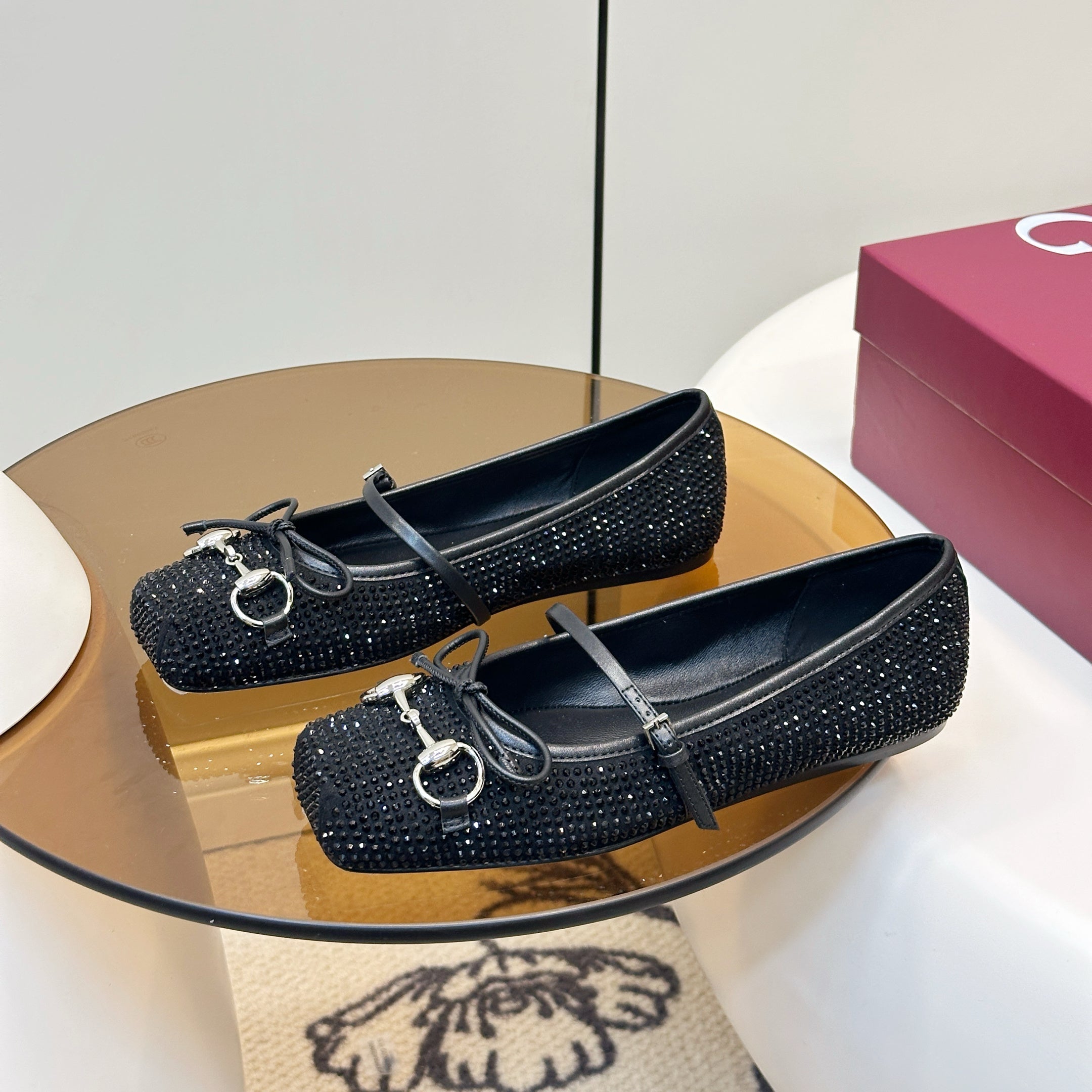 GG 26SS Ballet Flats Rhinestone Black Satin Sheepskin 645704