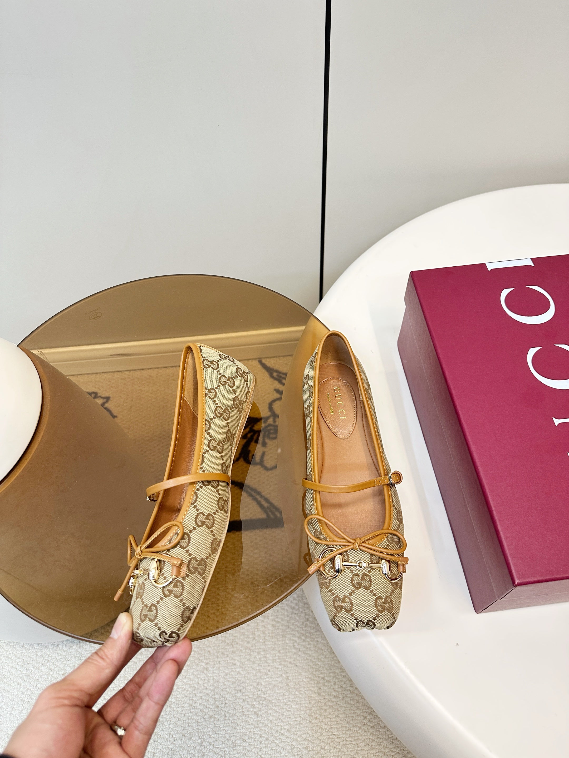 GG 26SS Ballet Flats Beige Brown Monogram Fabric Sheepskin 645710