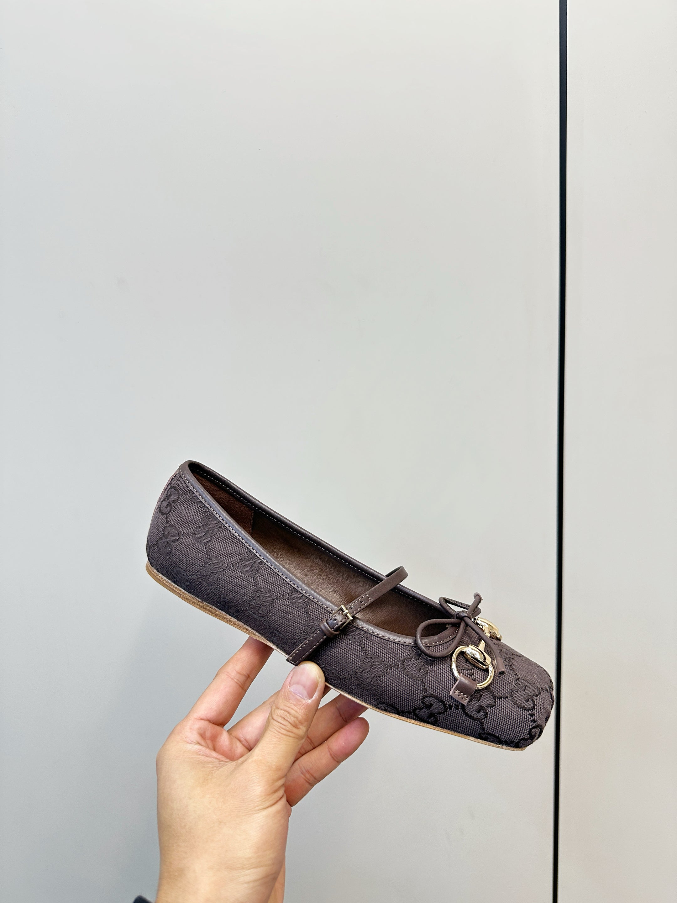 GG 26SS Ballet Flats Dark Brown Monogram Fabric Sheepskin 645711
