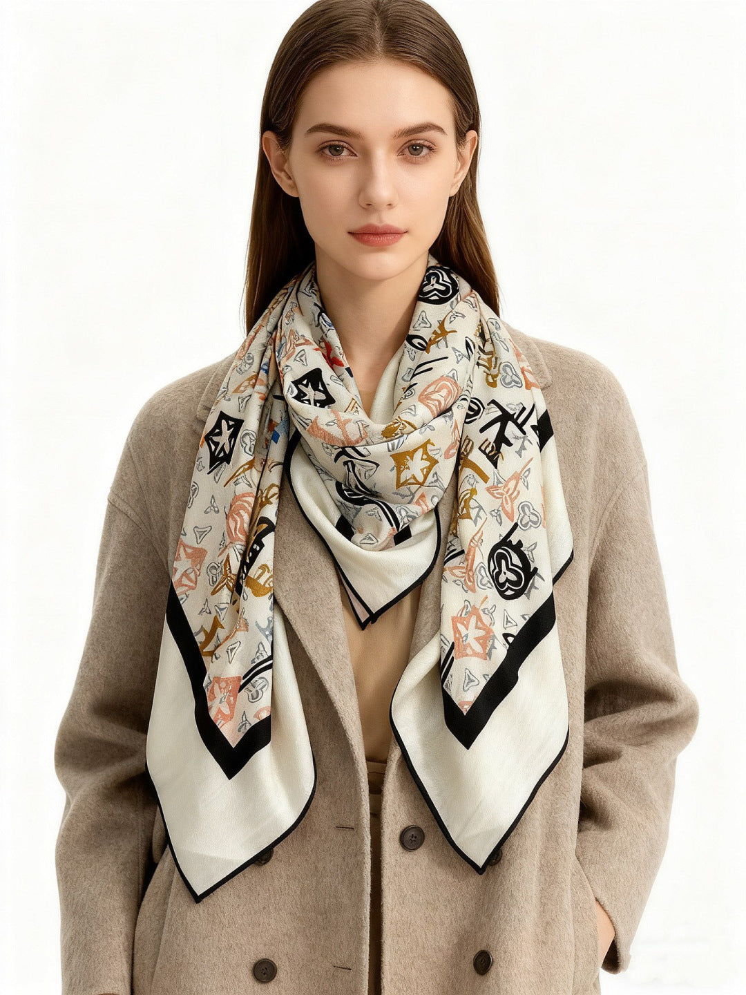 LV X TM MONOGRAM Scarf White Black Beige Silk Cashmere 965397