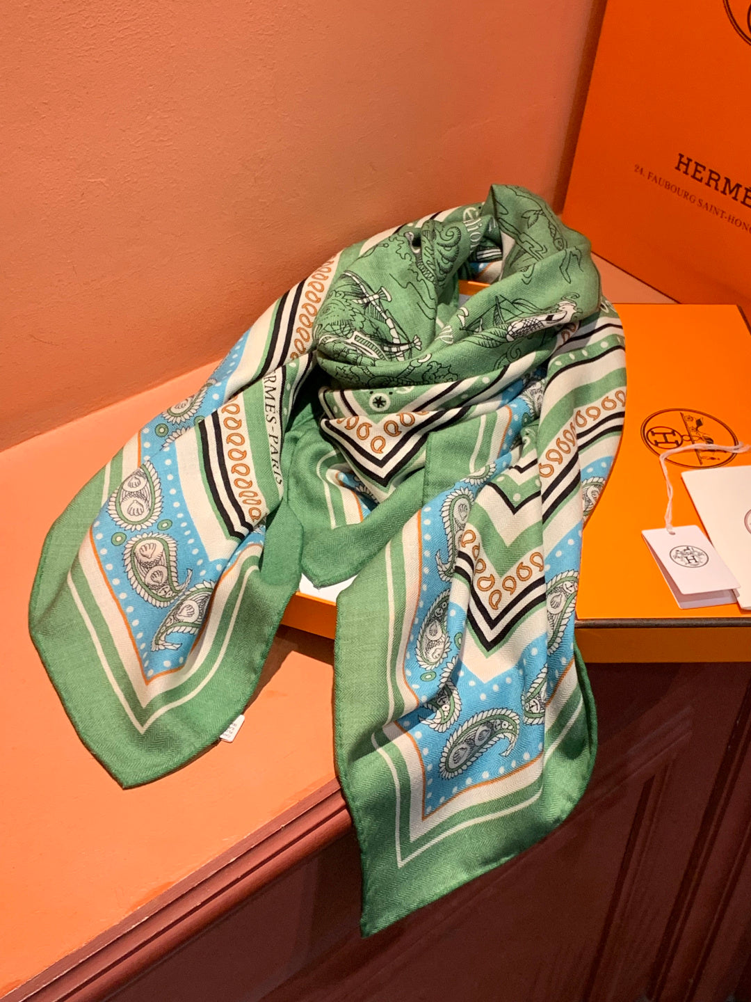 HM 25s Sailor Tattoo Scarf 140cm Green Beige Cashmere Silk 967417