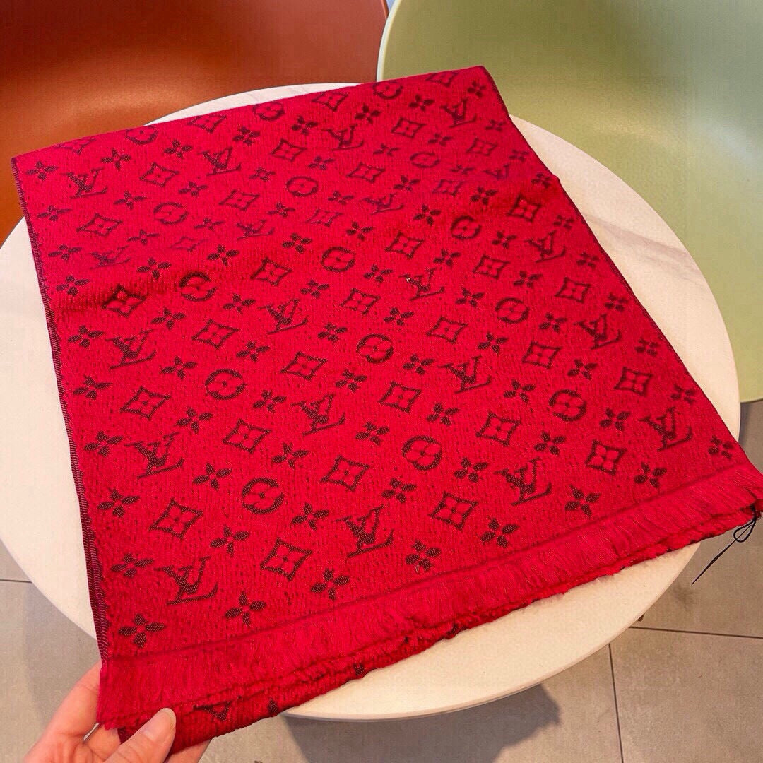 LV Scarf 180cm Red Black Cashmere 973413