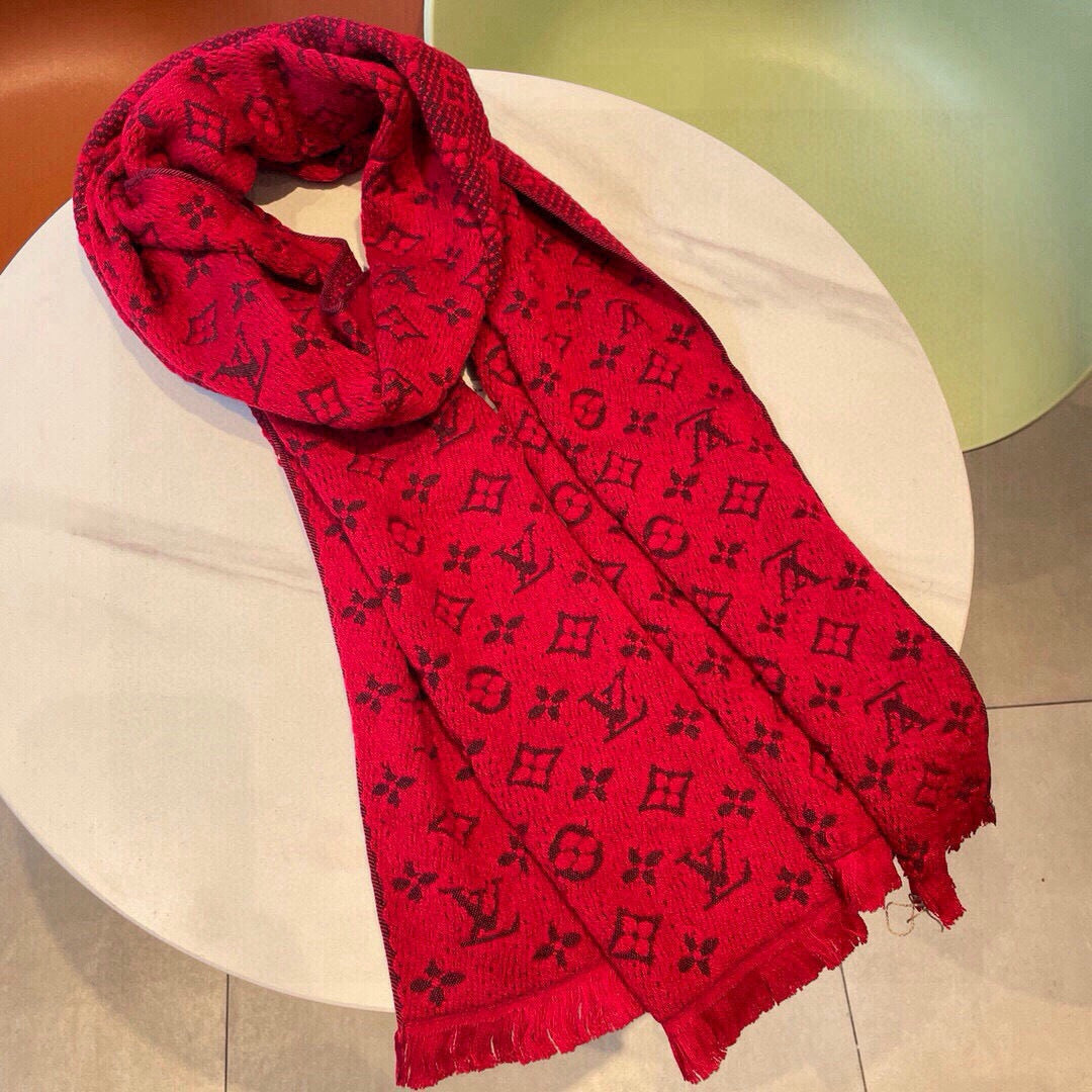 LV Scarf 180cm Red Black Cashmere 973413