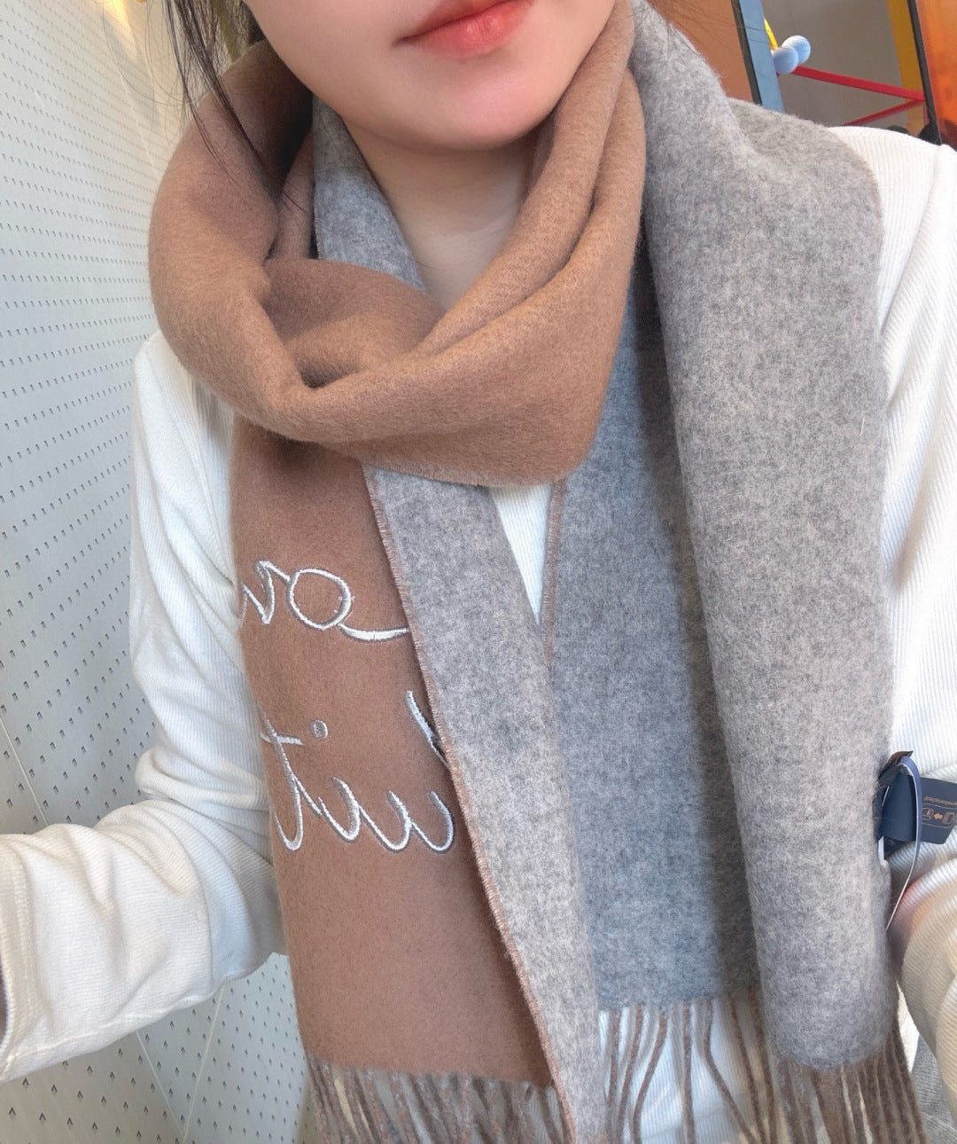 LV Reversible Scarf 180cm Light Brown Gray Sheep Wool 978752