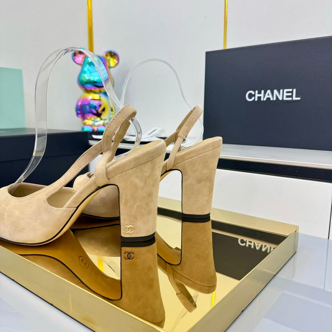 Chanel Slingback 90mm Light Beige Black Suede 469669