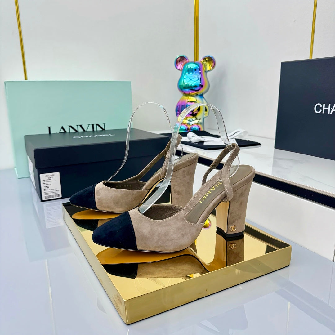 Chanel Slingback 90mm Neutral Beige Black Suede 469673