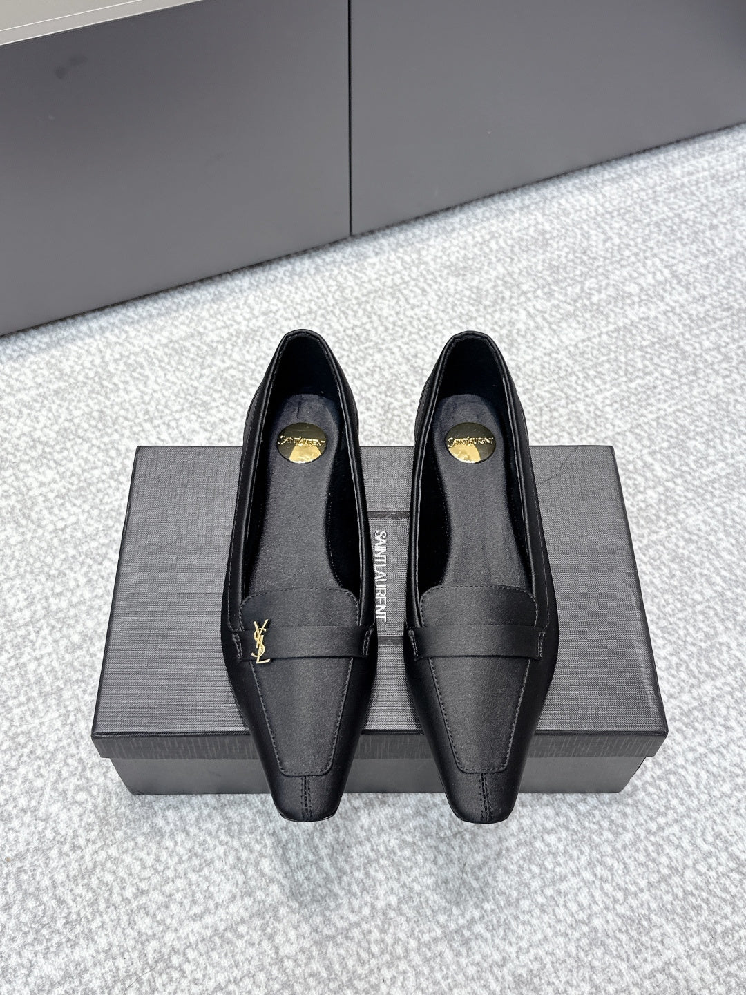 YSL 26ss Square Toe Loafers Taupe Satin Leather