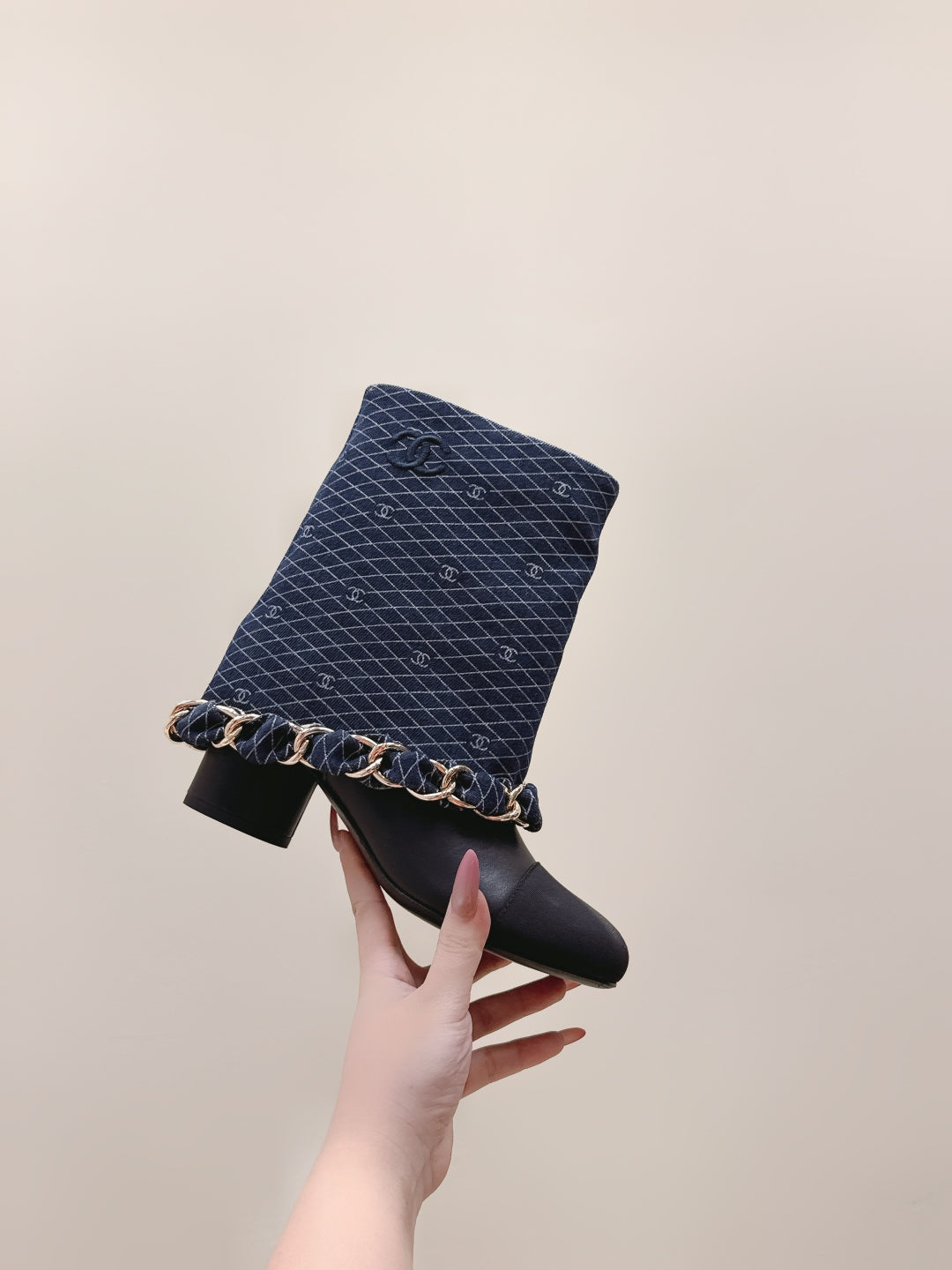 CC 25 Short Boot Navy Blue Black Denim Fabric Calfskin 515266