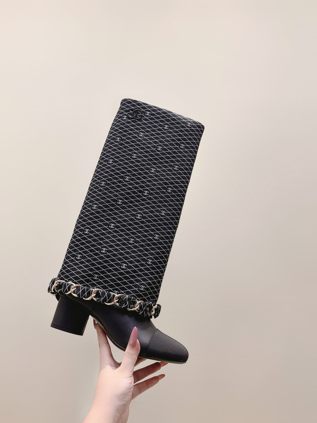CC 25 Long Boot Black Denim Fabric Calfskin 515272