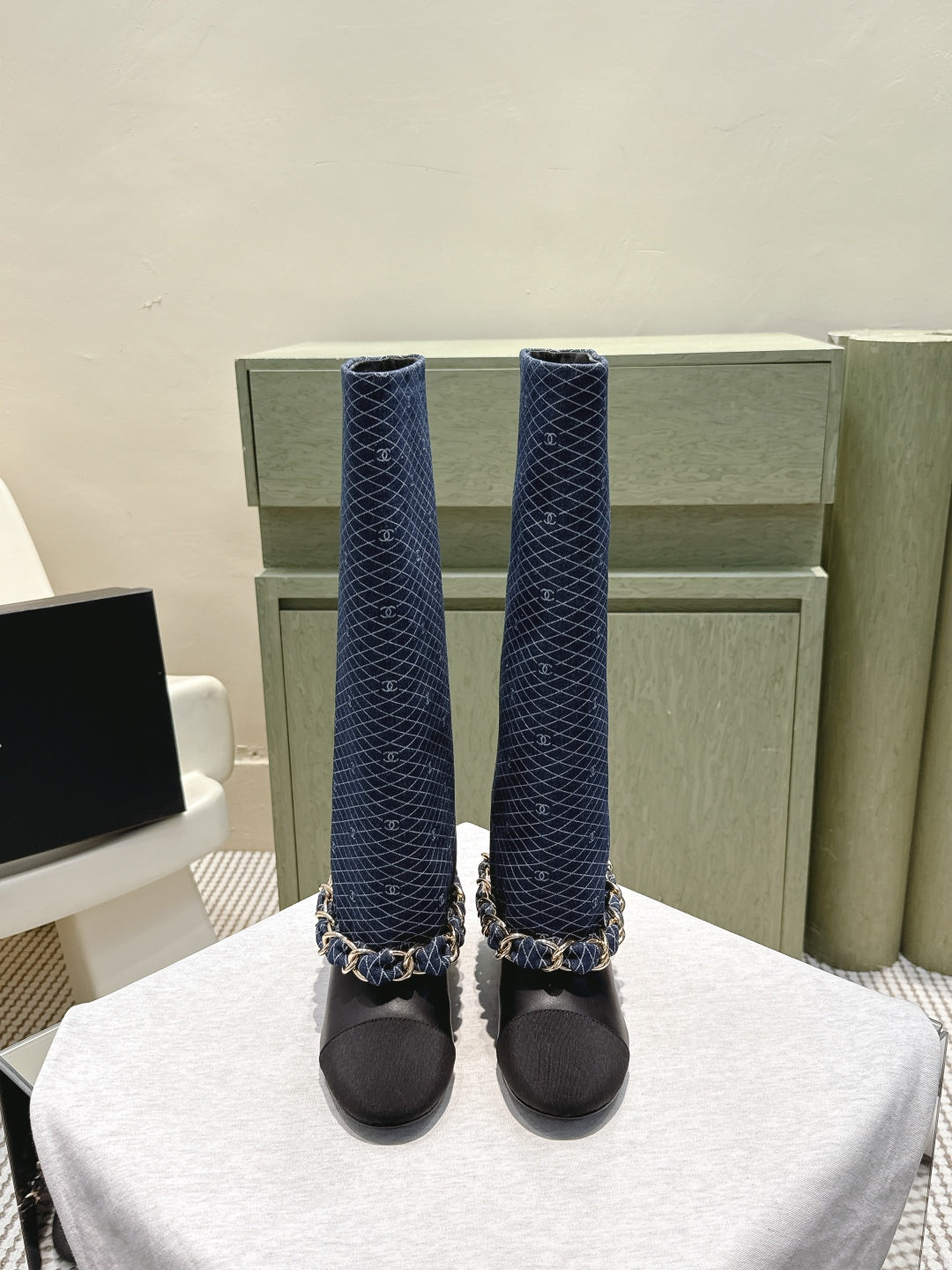 CC 25 Long Boot Navy Blue Black Denim Fabric Calfskin 515273