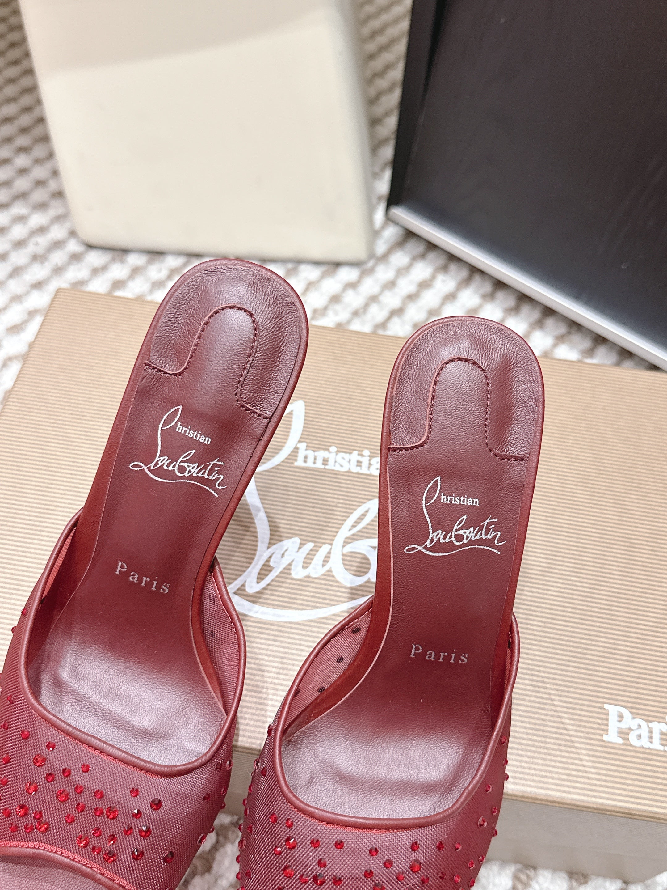 CL 26SS High-Heeled Slippers 100 Dark Red Mesh Rhinestone Leather 658051
