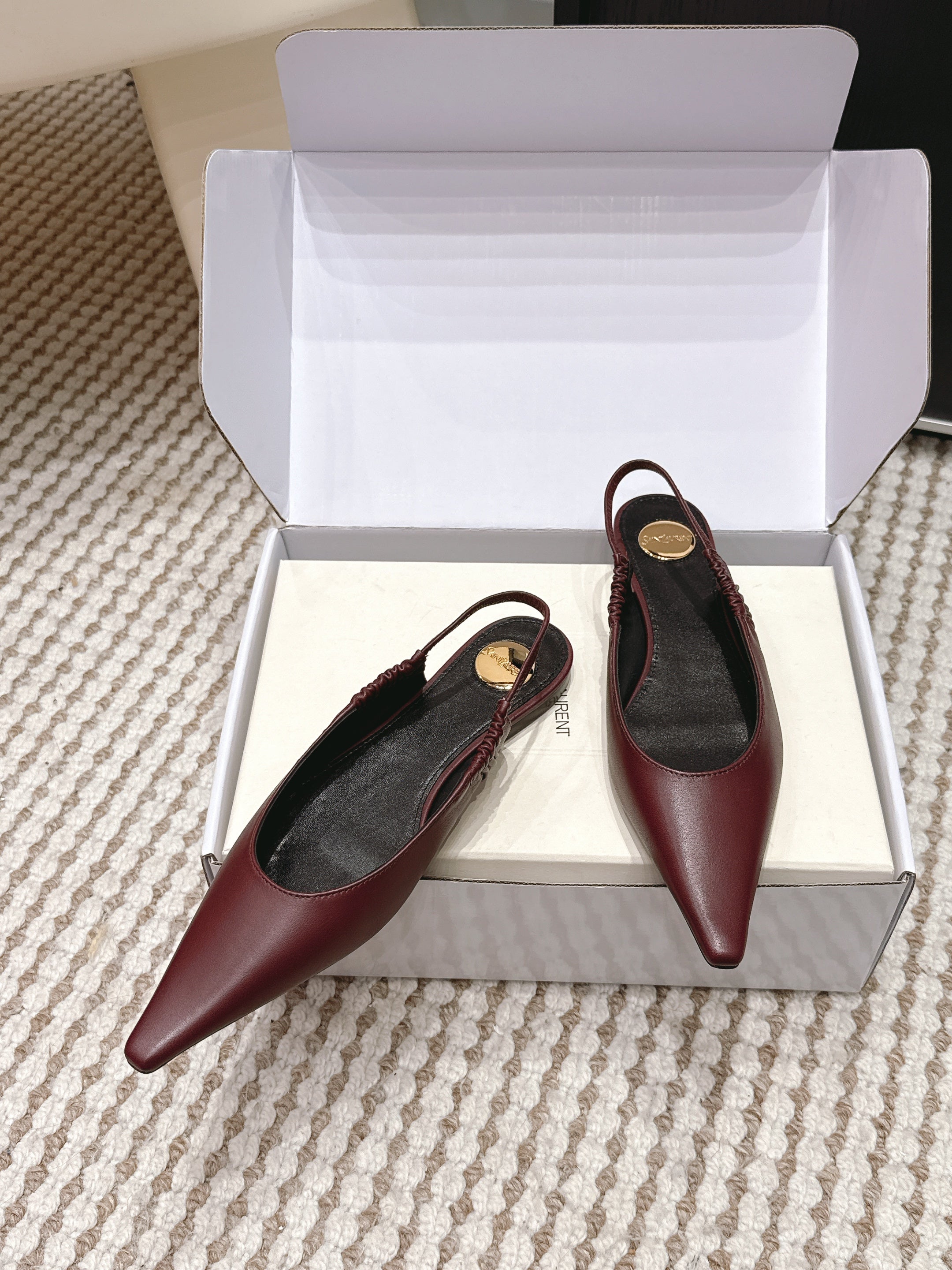 YSL 26ss Flat Slingback Burgundy Sheepskin 654714