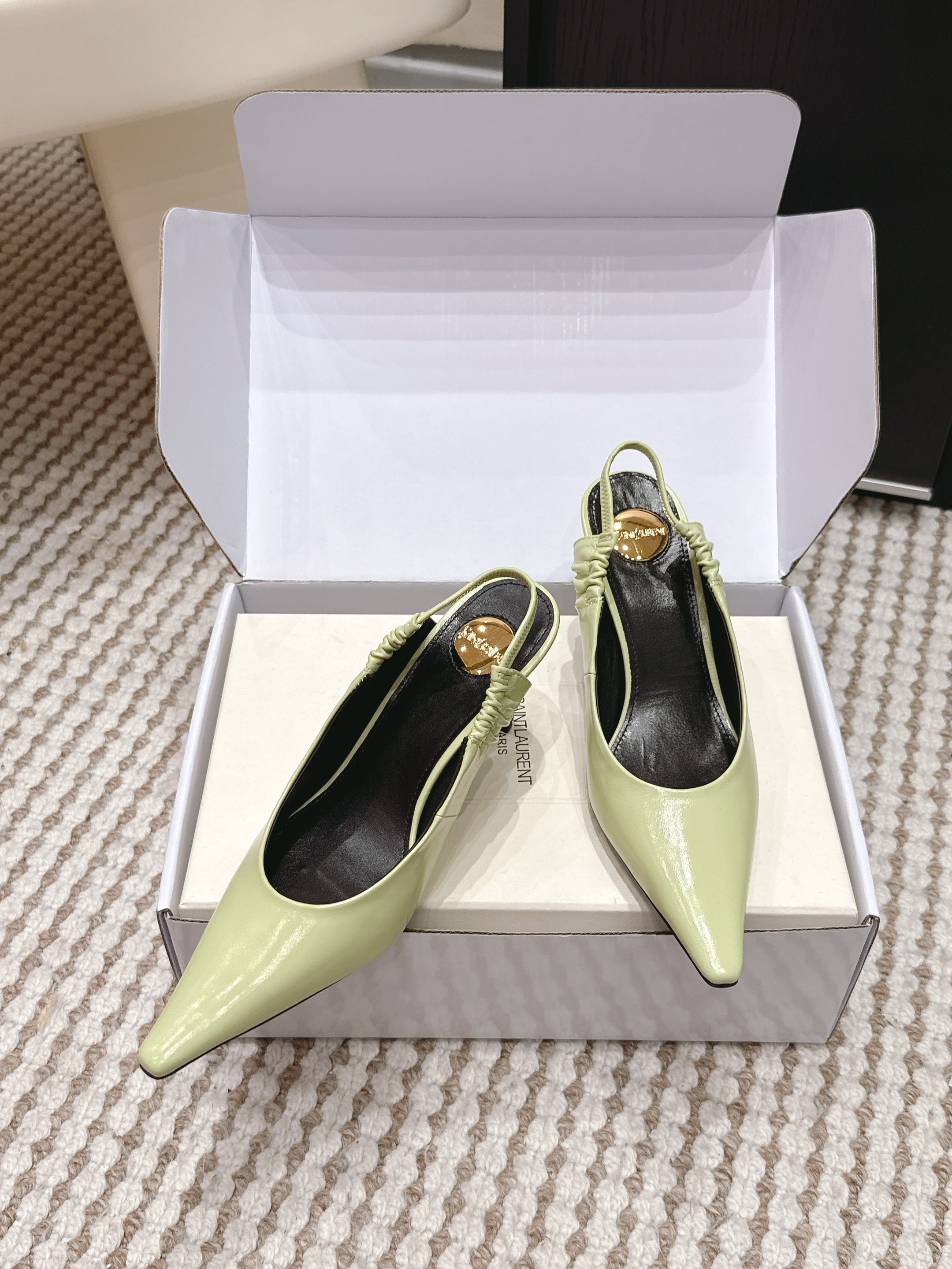 YSL 26ss Slingback 75 Light Green Glossy Leather 654716