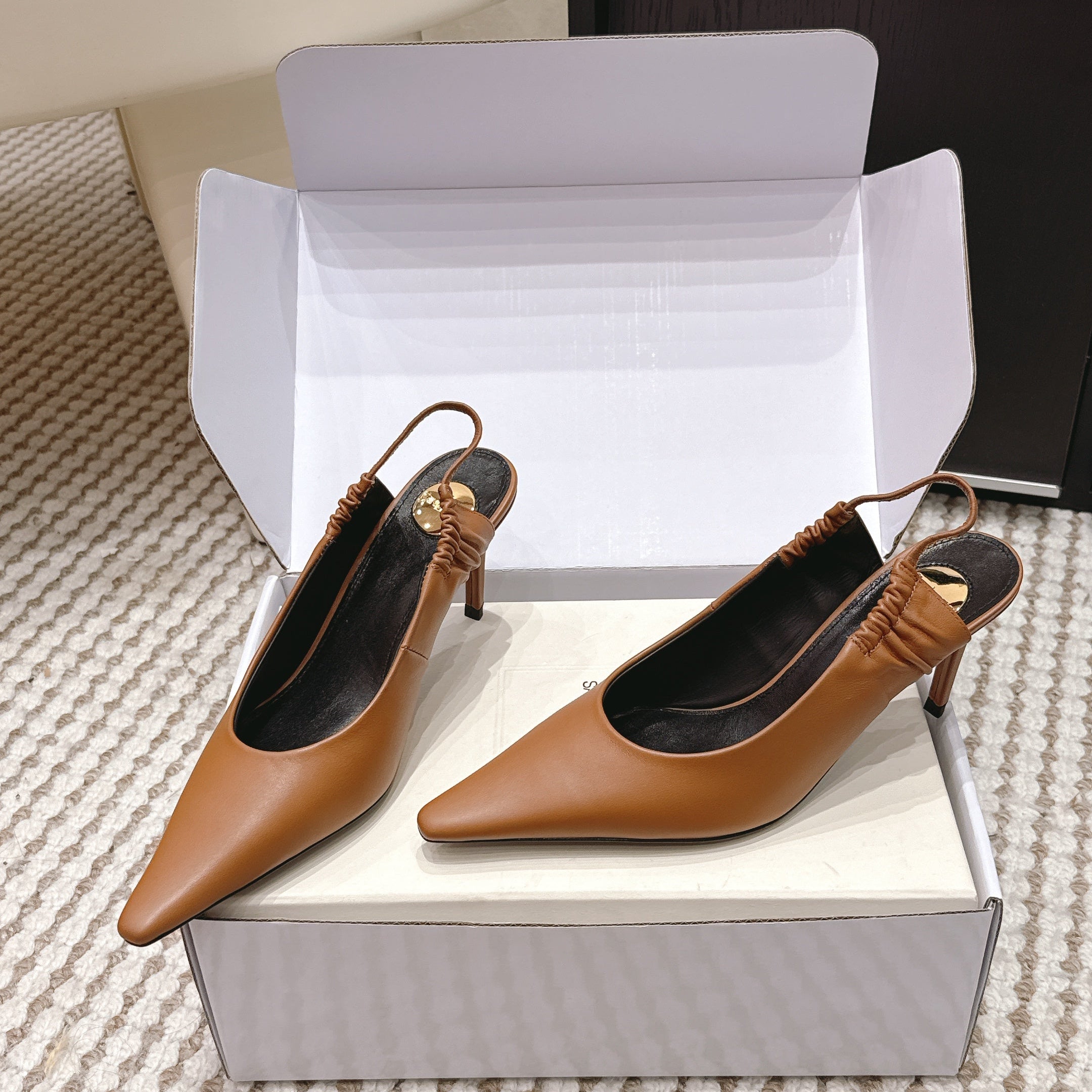 YSL 26ss Slingback 75 Camel Brown Sheepskin 654718